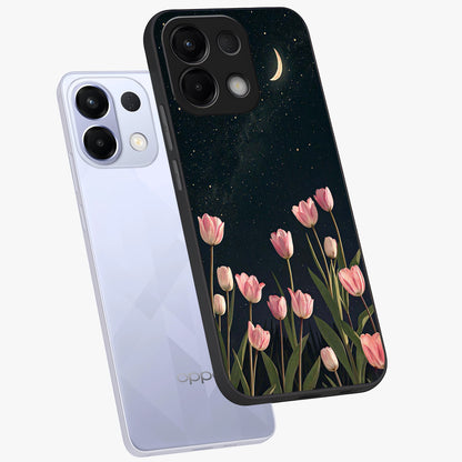 Midnight Tulip Whispers Vibe Glass Case displayed in angled mockup highlighting delicate tulip design with midnight floral aesthetic.