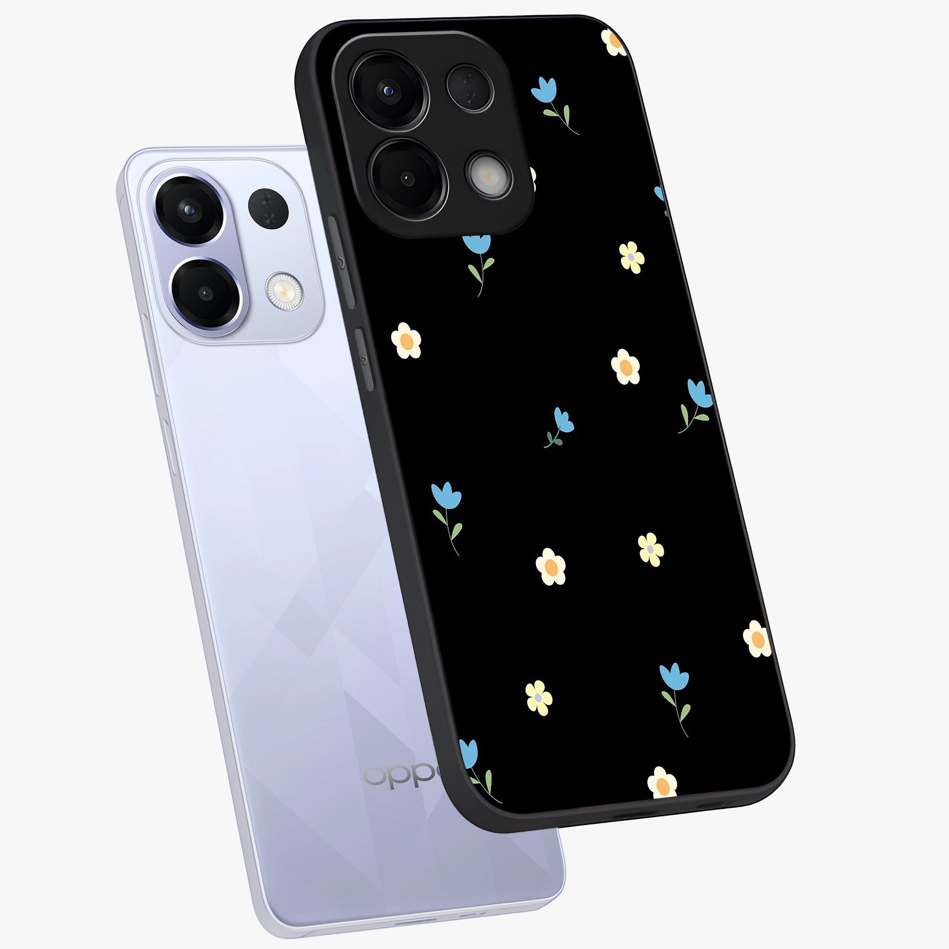 Minimal Petal Whispers Glass Case displayed in angled mockup highlighting delicate petal design with clean minimal aesthetic.
