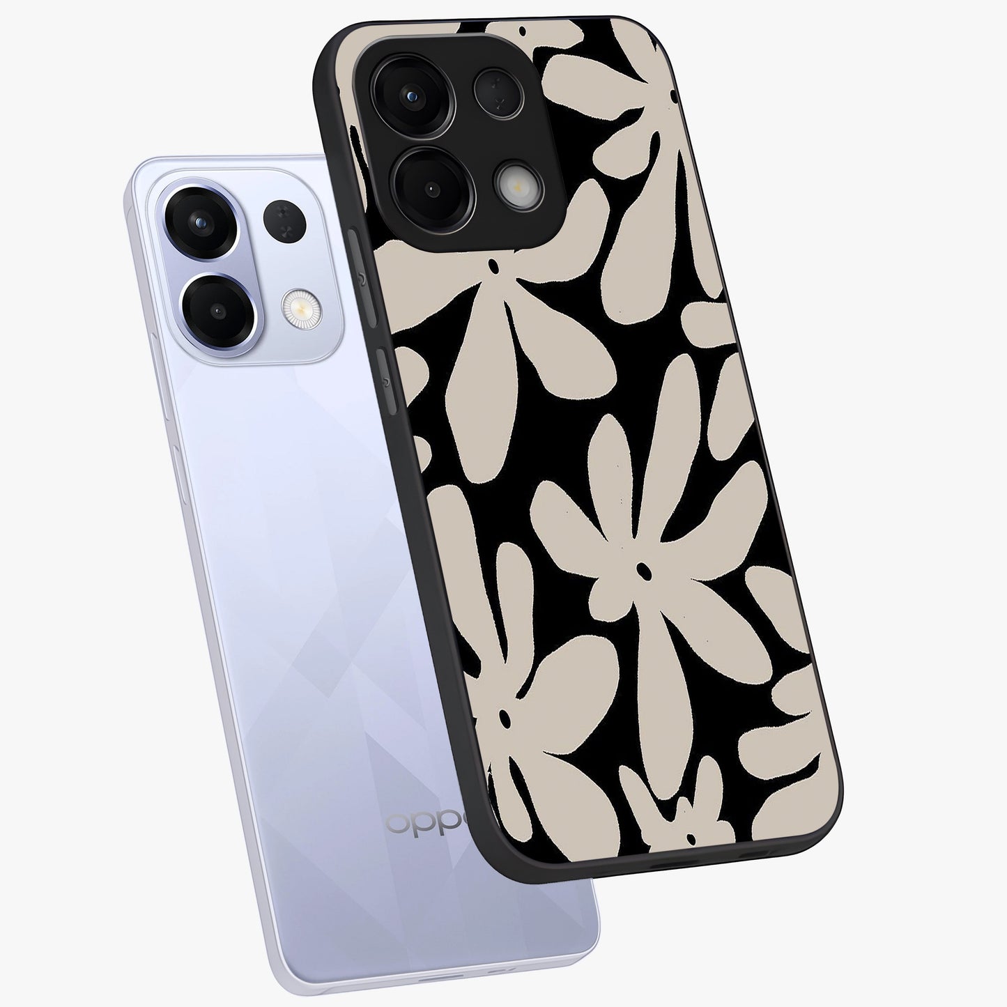 Monochrome Petal Dance Glass Case displayed in angled mockup highlighting elegant petal design with black and white aesthetic.