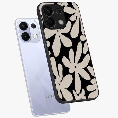 Monochrome Petal Dance Glass Case displayed in angled mockup highlighting elegant petal design with black and white aesthetic.