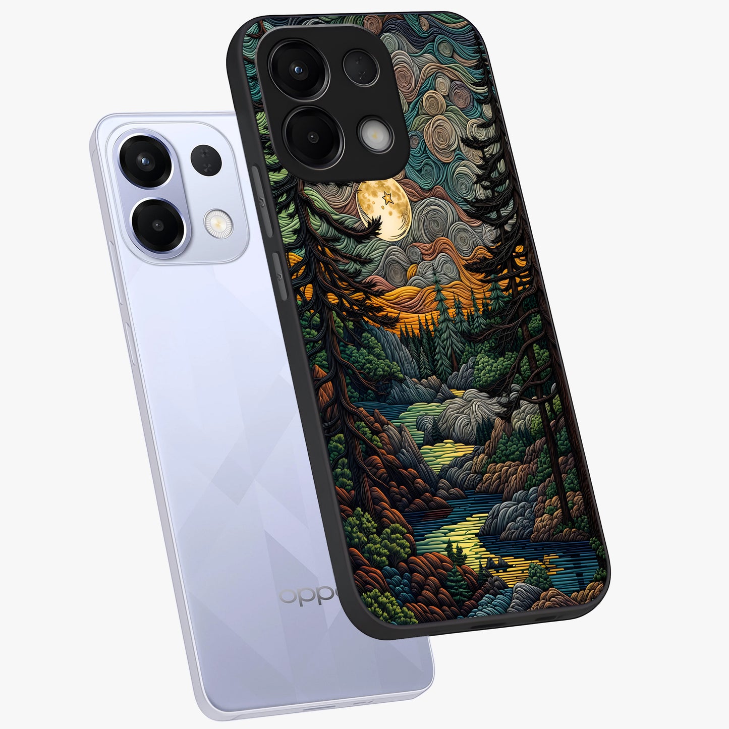 Moonlight Forest Dream Glass Case displayed in angled mockup highlighting dreamy forest design with glowing moon aesthetic.