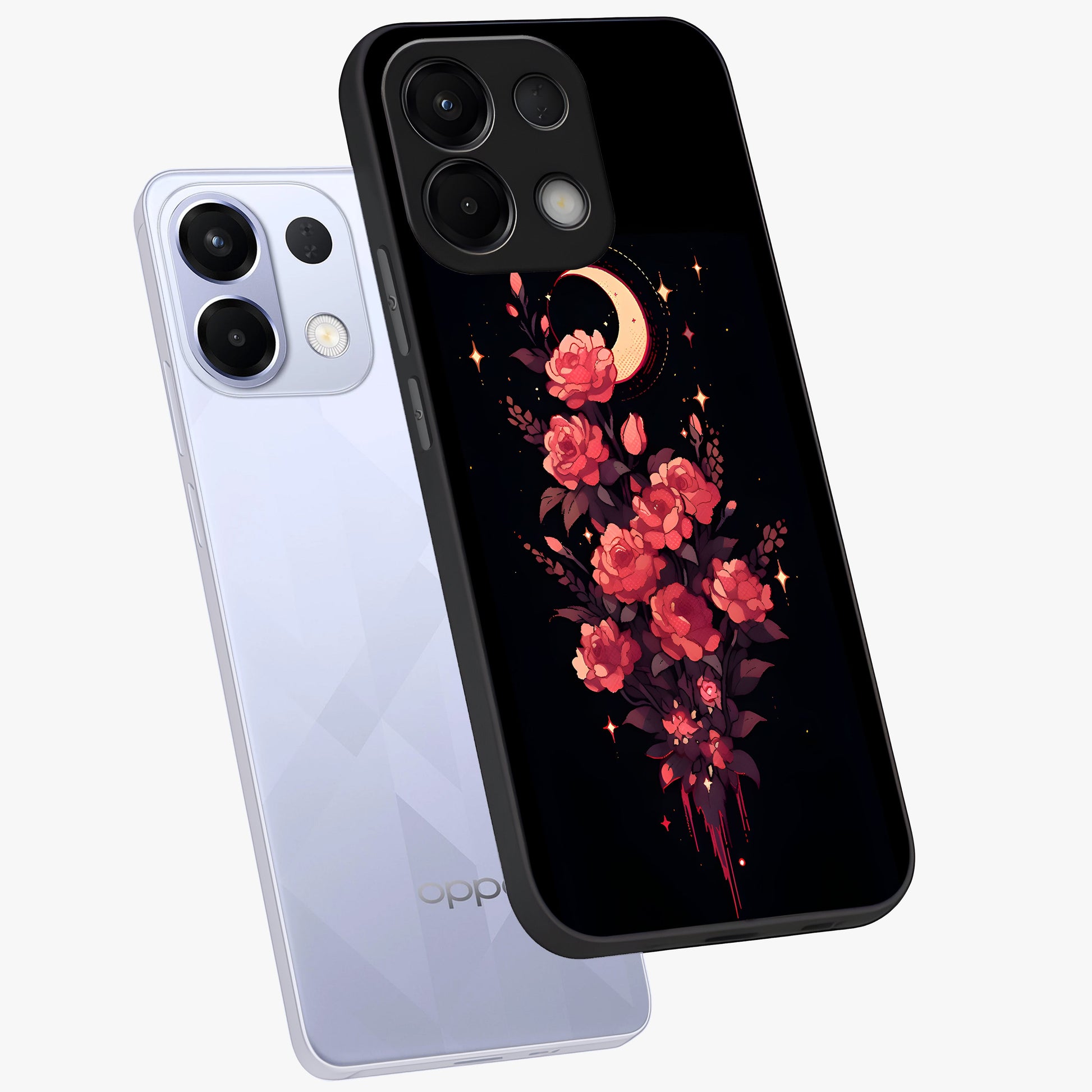 Moonlit Floral Elegance Glass Case displayed in angled mockup highlighting graceful flower design with soft moonlight aesthetic.
