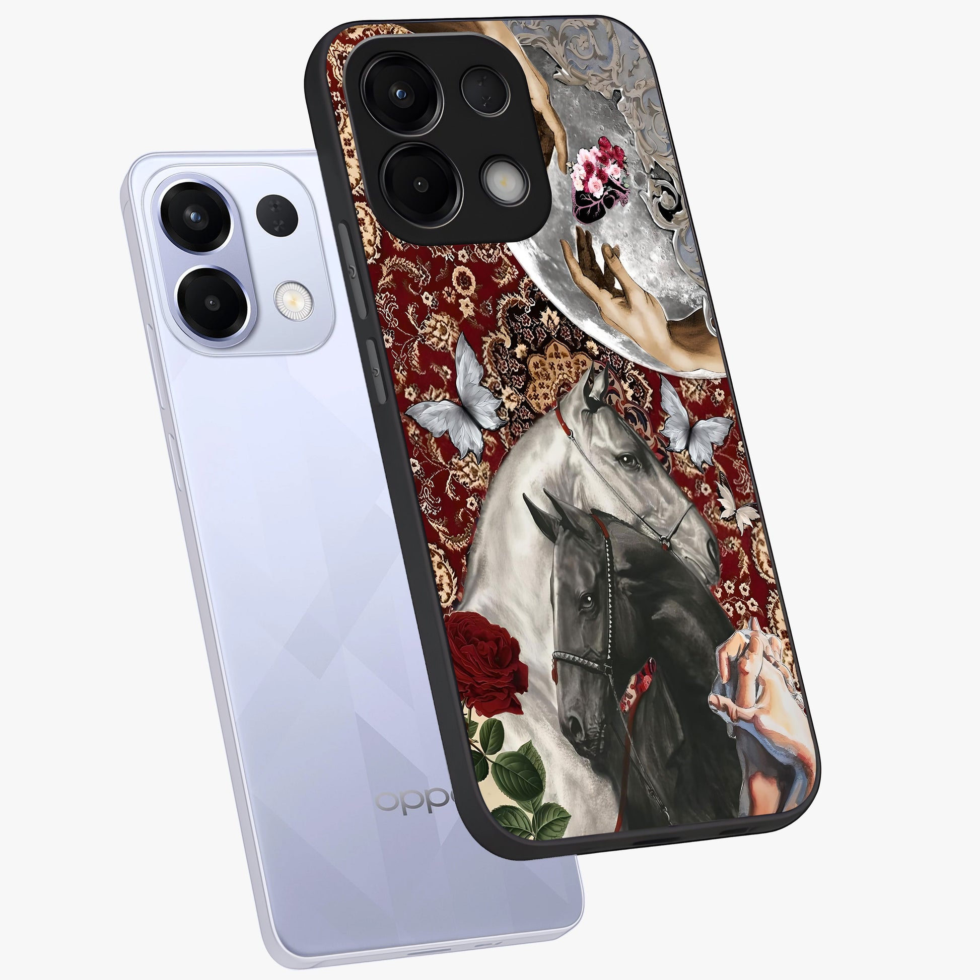 Moonlit Royal Stallion Glass Case displayed in angled mockup highlighting powerful stallion illustration with royal night aesthetic.