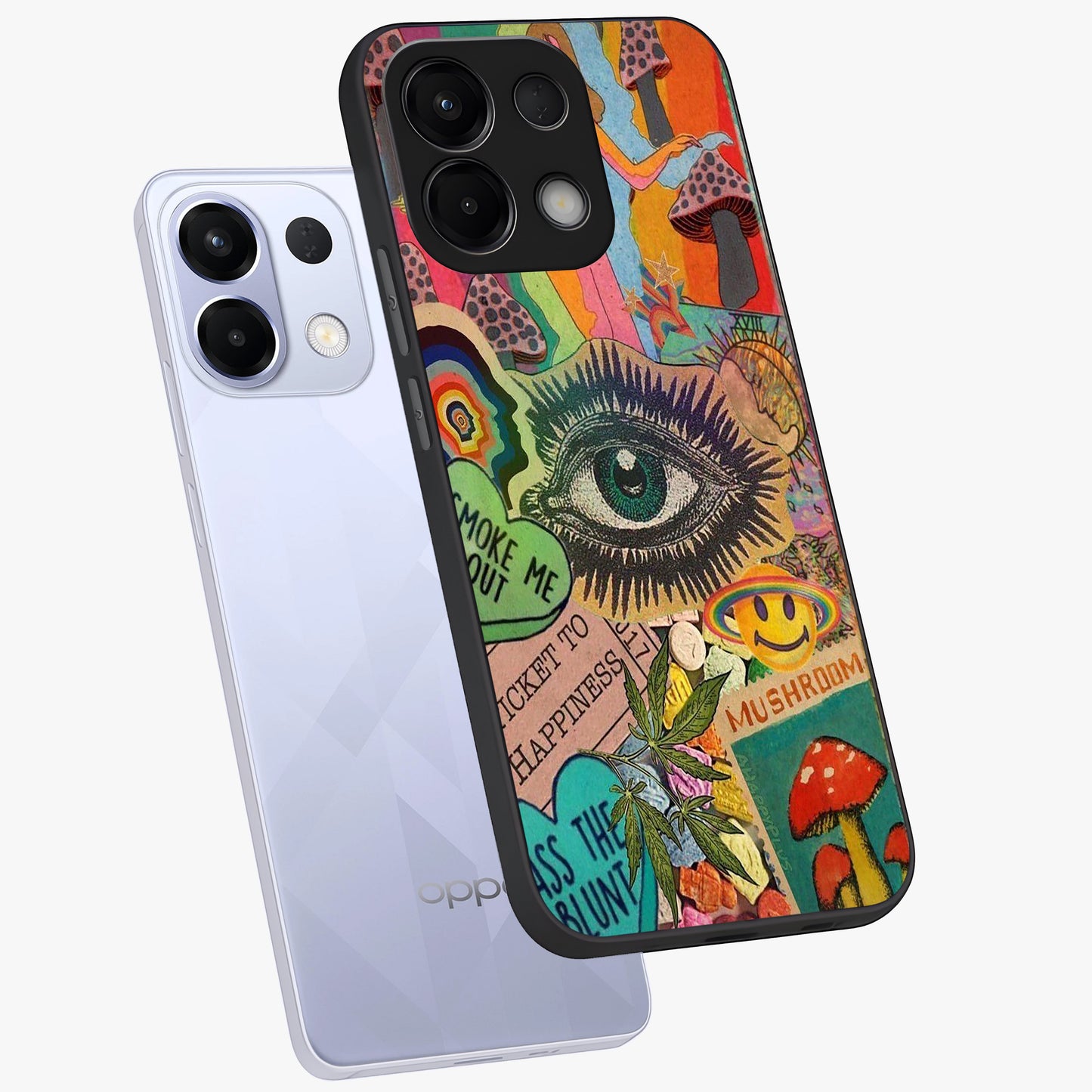 Mystic Eye Wonderland Glass Case displayed in angled mockup highlighting magical eye illustration with dreamy aesthetic.