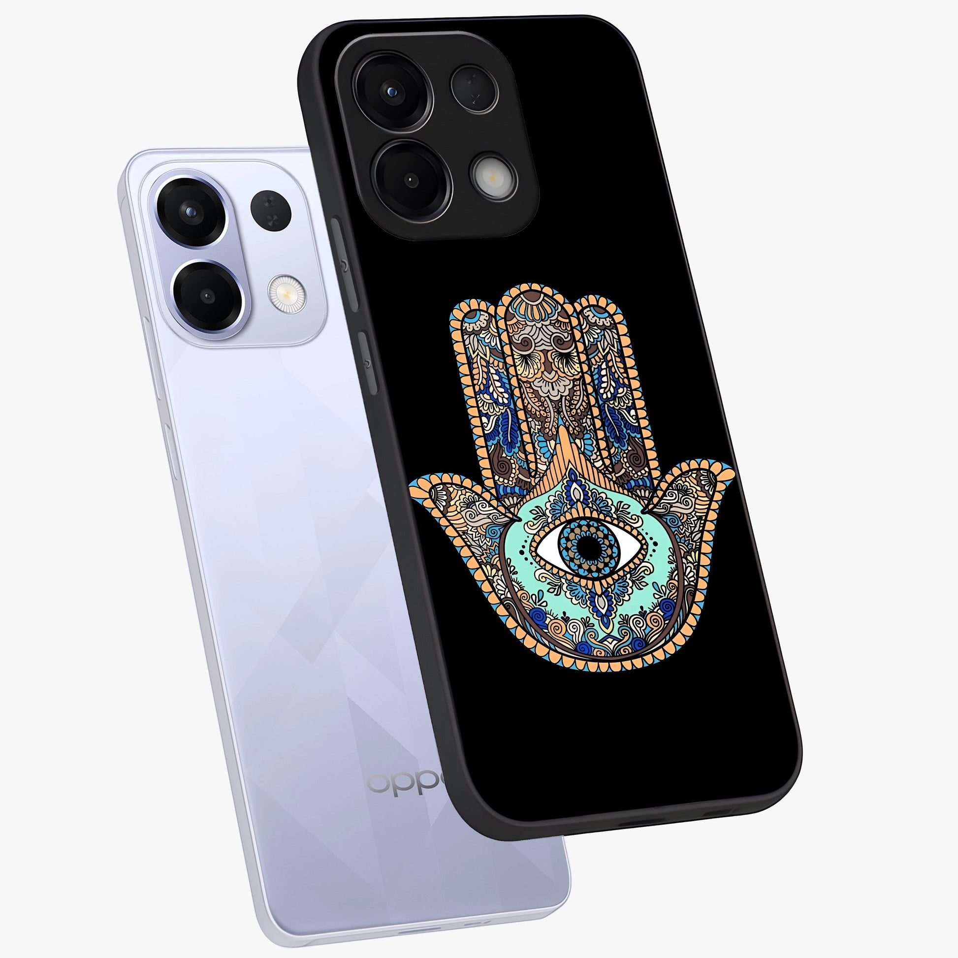 Mystic Hamsa Eye Glass Case displayed in angled mockup highlighting spiritual hamsa symbol with mystical aesthetic style.