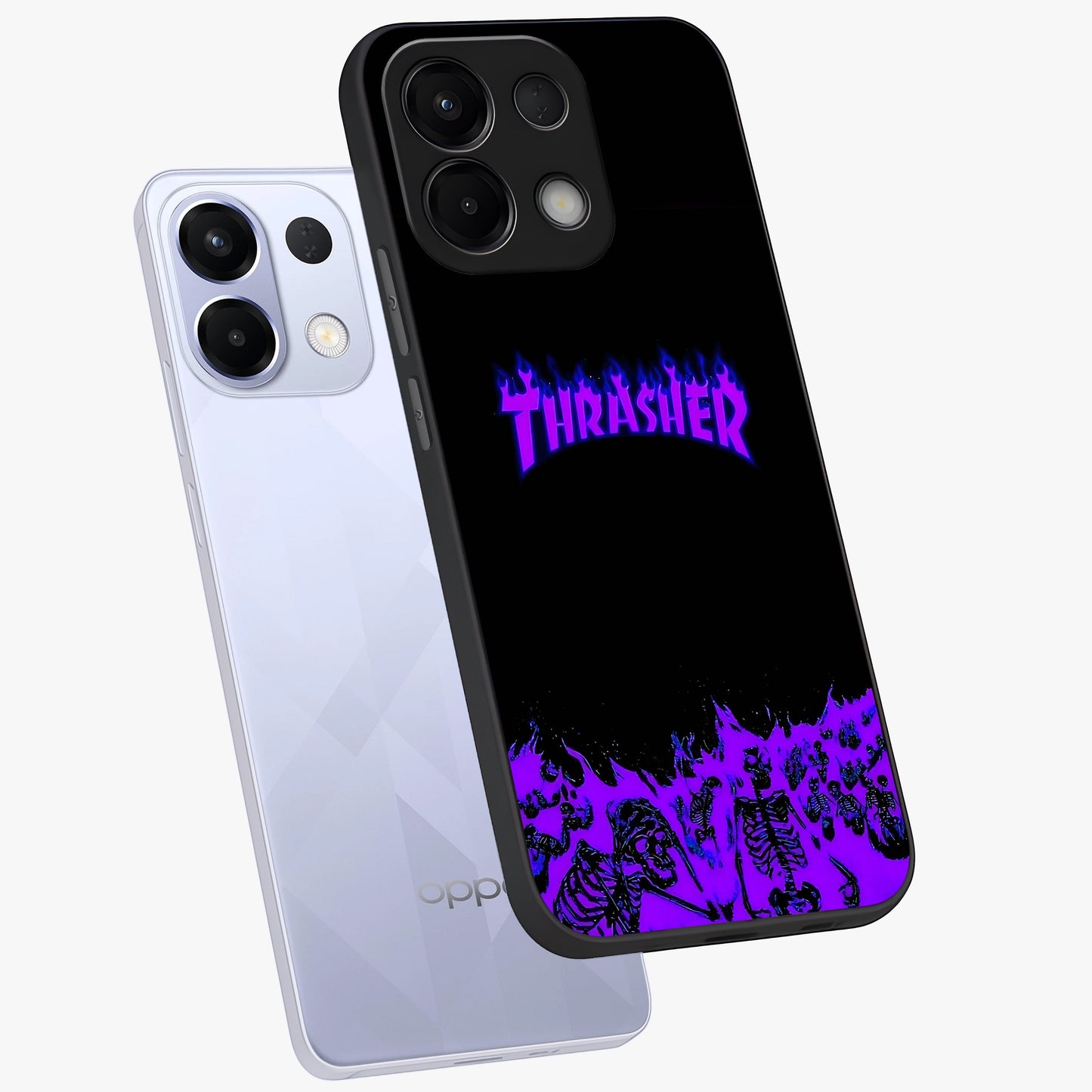 Neon Flame Riot Glass Case displayed in angled mockup highlighting glowing flame design with vibrant neon aesthetic.