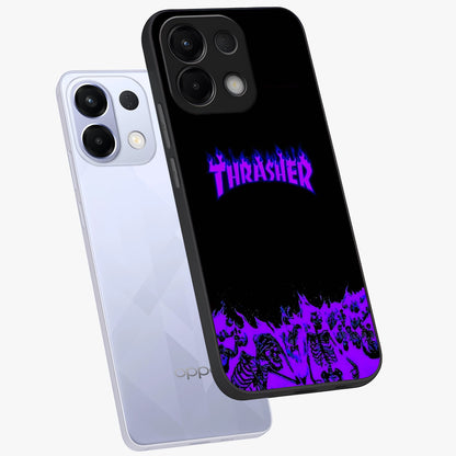 Neon Flame Riot Glass Case displayed in angled mockup highlighting glowing flame design with vibrant neon aesthetic.