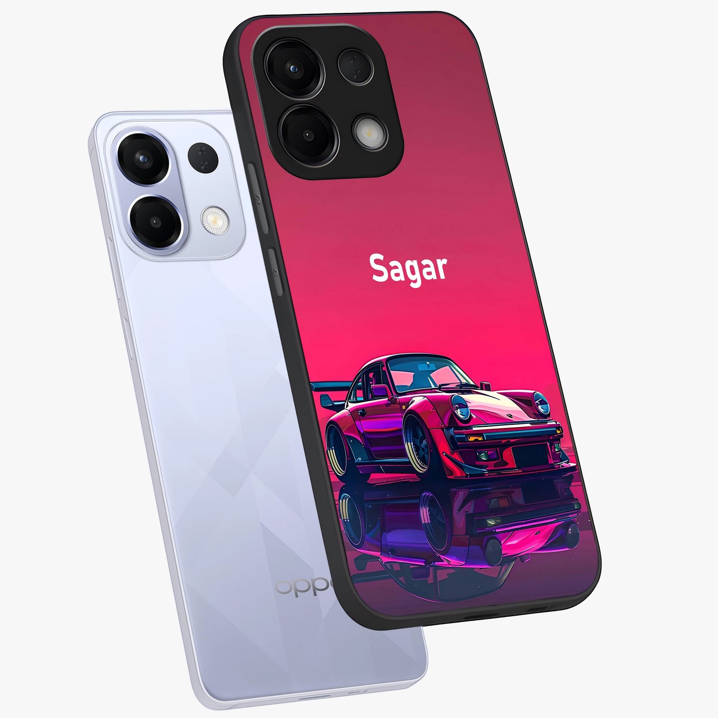 Neon Pink Porsche Glass Case displayed in angled mockup highlighting sleek neon pink car design with racing aesthetic.