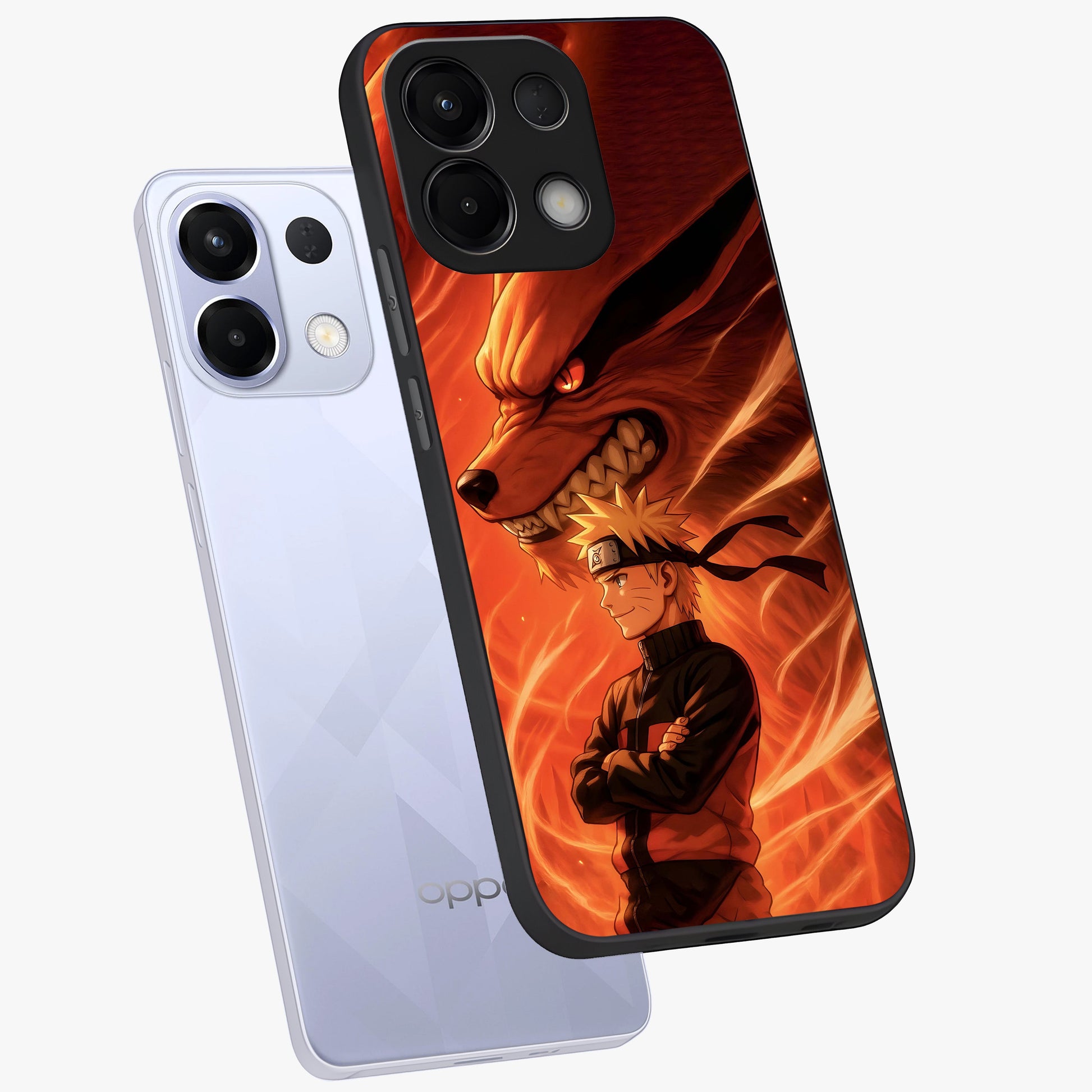 Nine Tails Legacy Glass Case displayed in angled mockup highlighting dynamic anime beast illustration with bold mystical aesthetic.