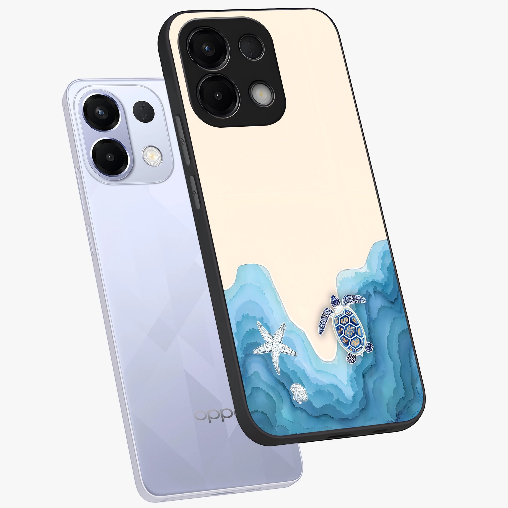 Ocean Drift Turtle Glass Case displayed in angled mockup highlighting peaceful ocean turtle illustration with marine aesthetic.