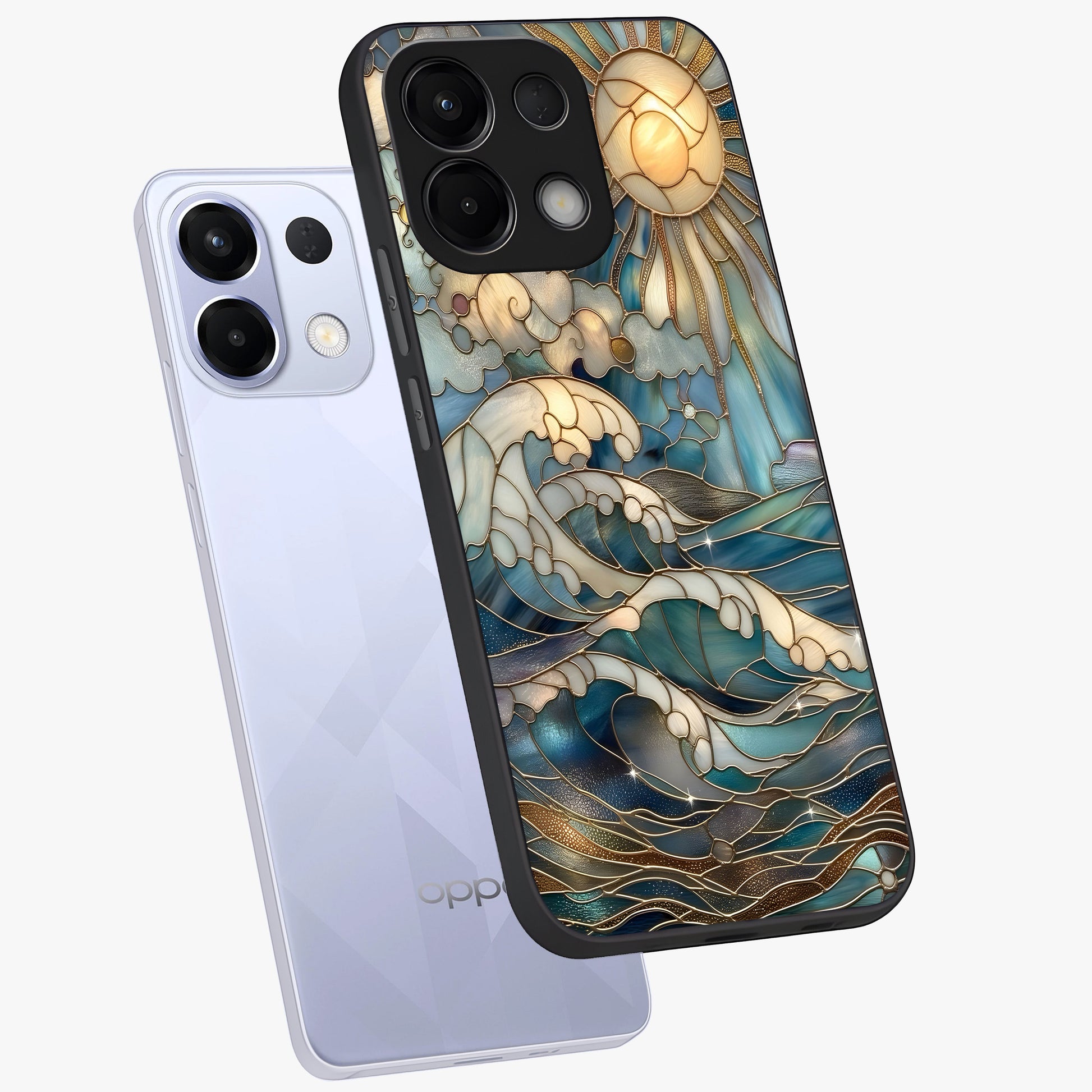 Oceanic Stained Printed Glass Case displayed in angled mockup highlighting colorful aquatic design with artistic aesthetic style.