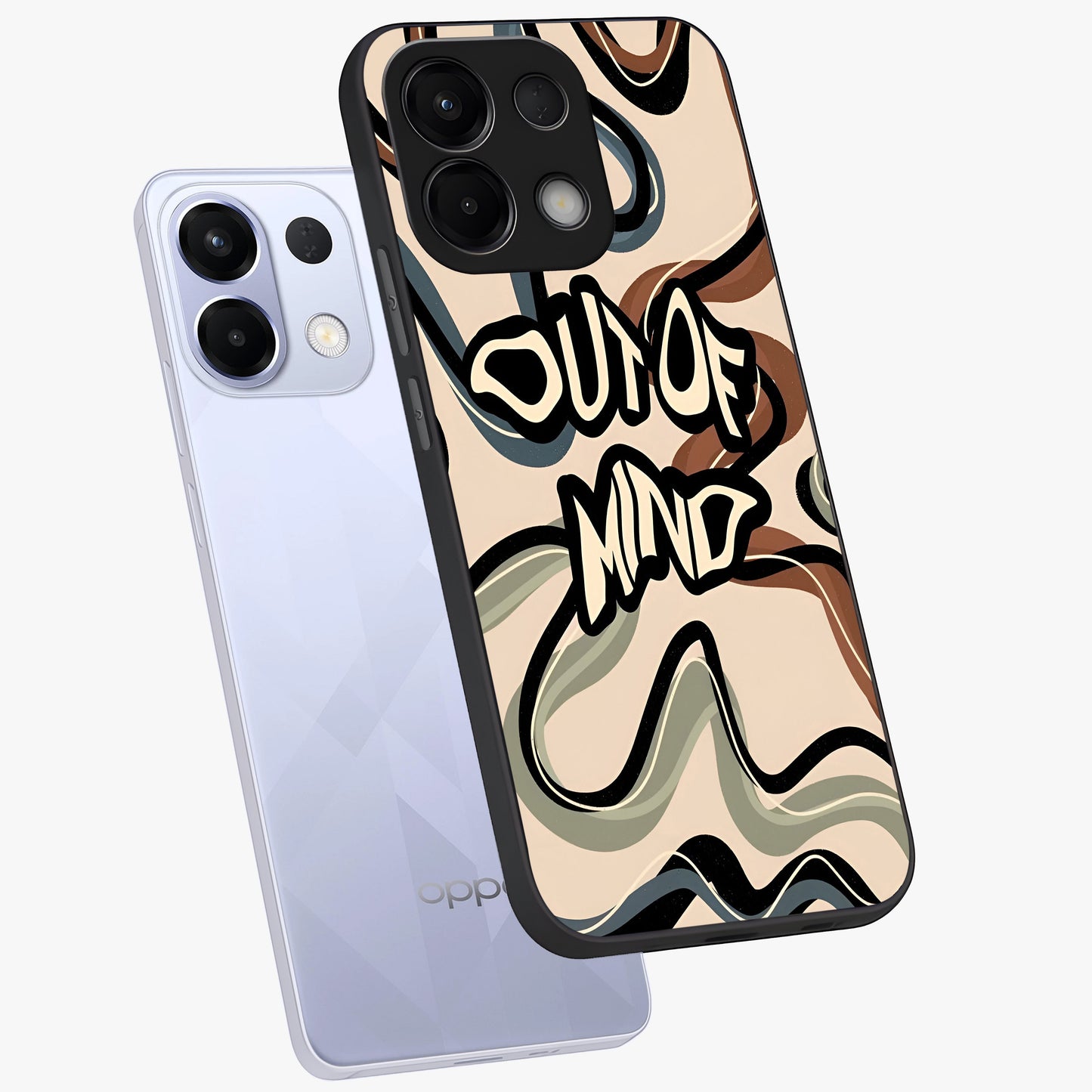 Out Of Mind Glass Case displayed in angled mockup highlighting bold statement design with modern artistic aesthetic.