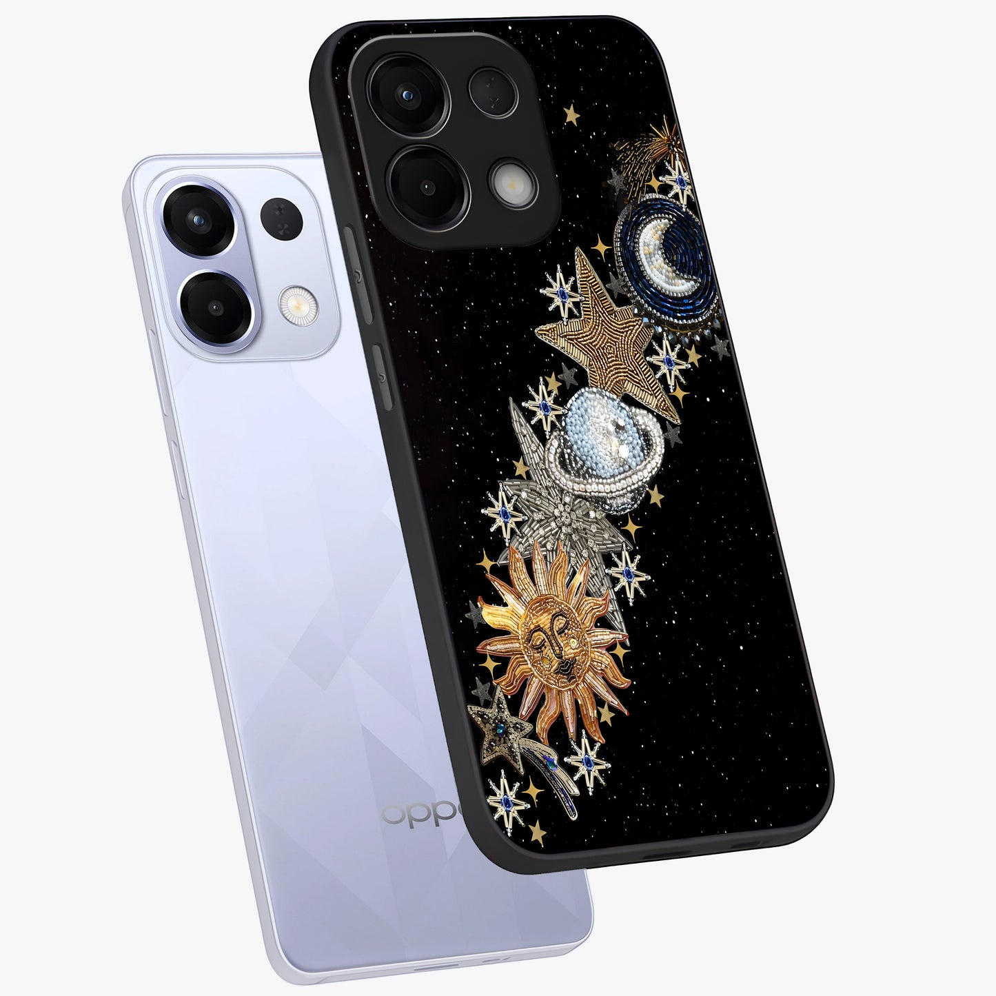 Pearls Universe Object Glass Case displayed in angled mockup highlighting celestial pearl design with dreamy aesthetic.