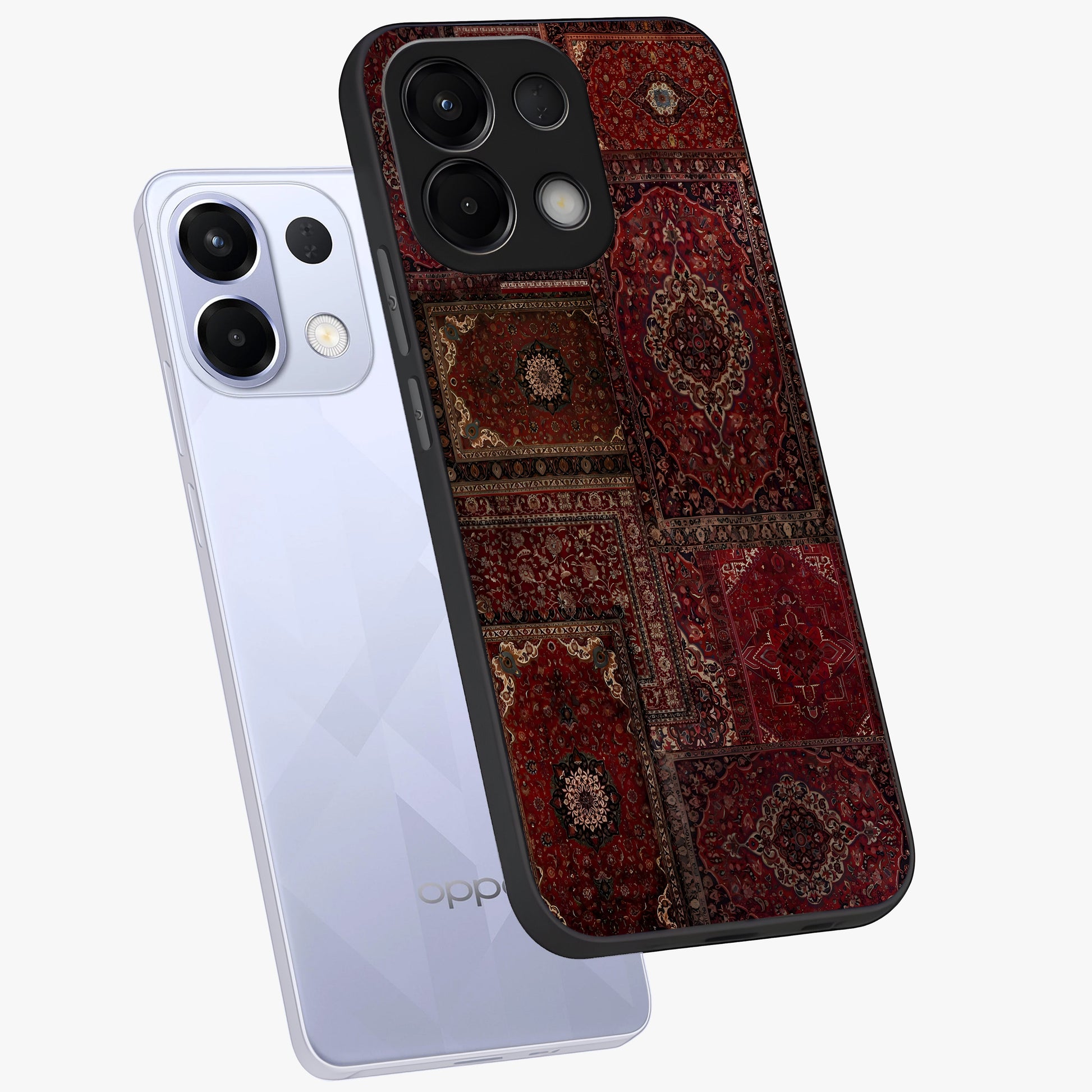 Persian Velvet Tale Glass Case displayed in angled mockup highlighting ornate textile inspired design with royal aesthetic.