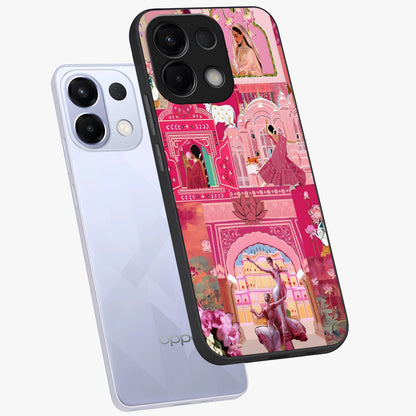 Pink Palace Muse Glass Case displayed in angled mockup highlighting dreamy palace illustration with soft pink aesthetic.