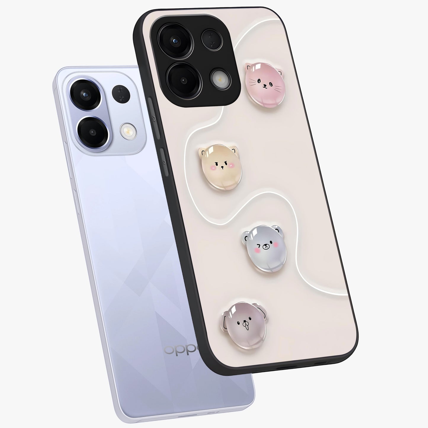 Puffy Face Parade Glass Case displayed in angled mockup highlighting playful cartoon face design with fun aesthetic.
