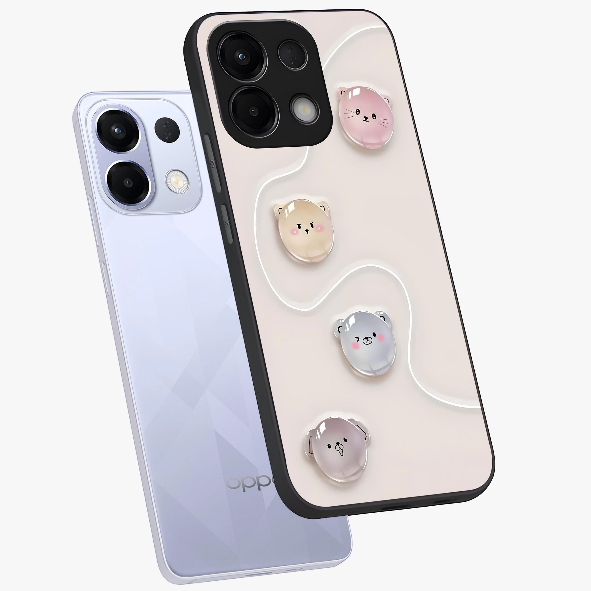 Puffy Face Parade Glass Case displayed in angled mockup highlighting playful cartoon face design with fun aesthetic.