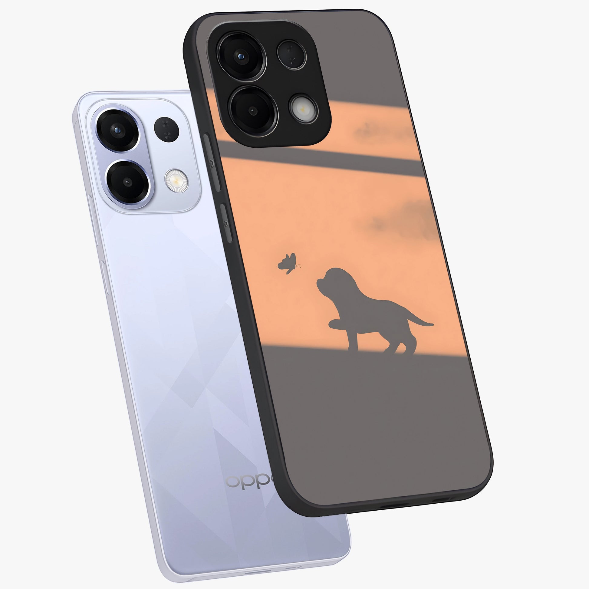 Puppy Shadow Art Glass Case displayed in angled mockup highlighting playful dog illustration with artistic shadow aesthetic.