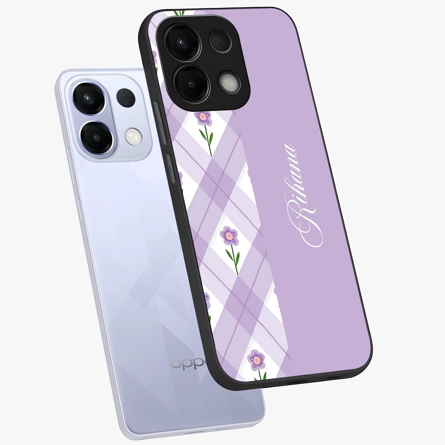 Purple Diamond Floral Glass Case displayed in angled mockup highlighting elegant purple flower design with decorative pattern.