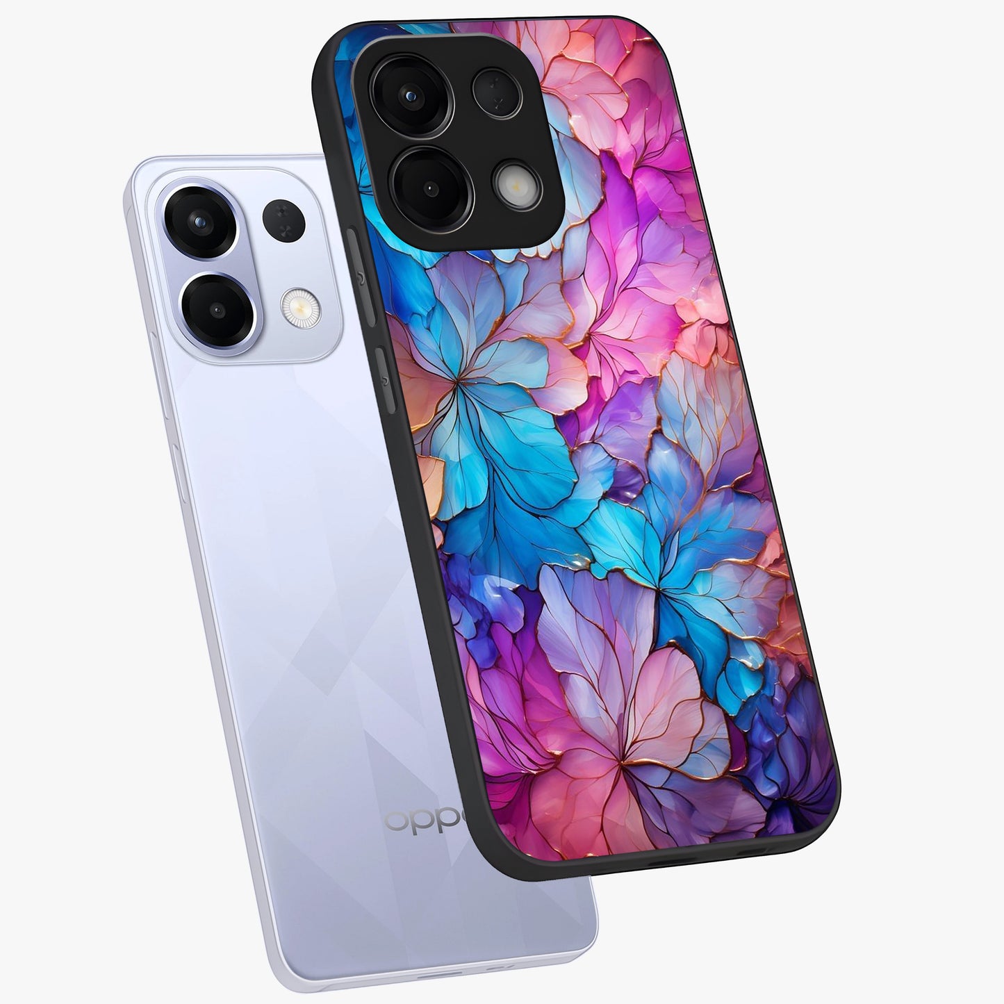 Radiant Floral Whirl Glass Case displayed in angled mockup highlighting vibrant flower pattern with dynamic artistic aesthetic.