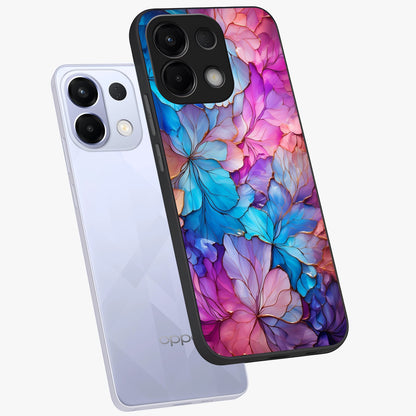 Radiant Floral Whirl Glass Case displayed in angled mockup highlighting vibrant flower pattern with dynamic artistic aesthetic.