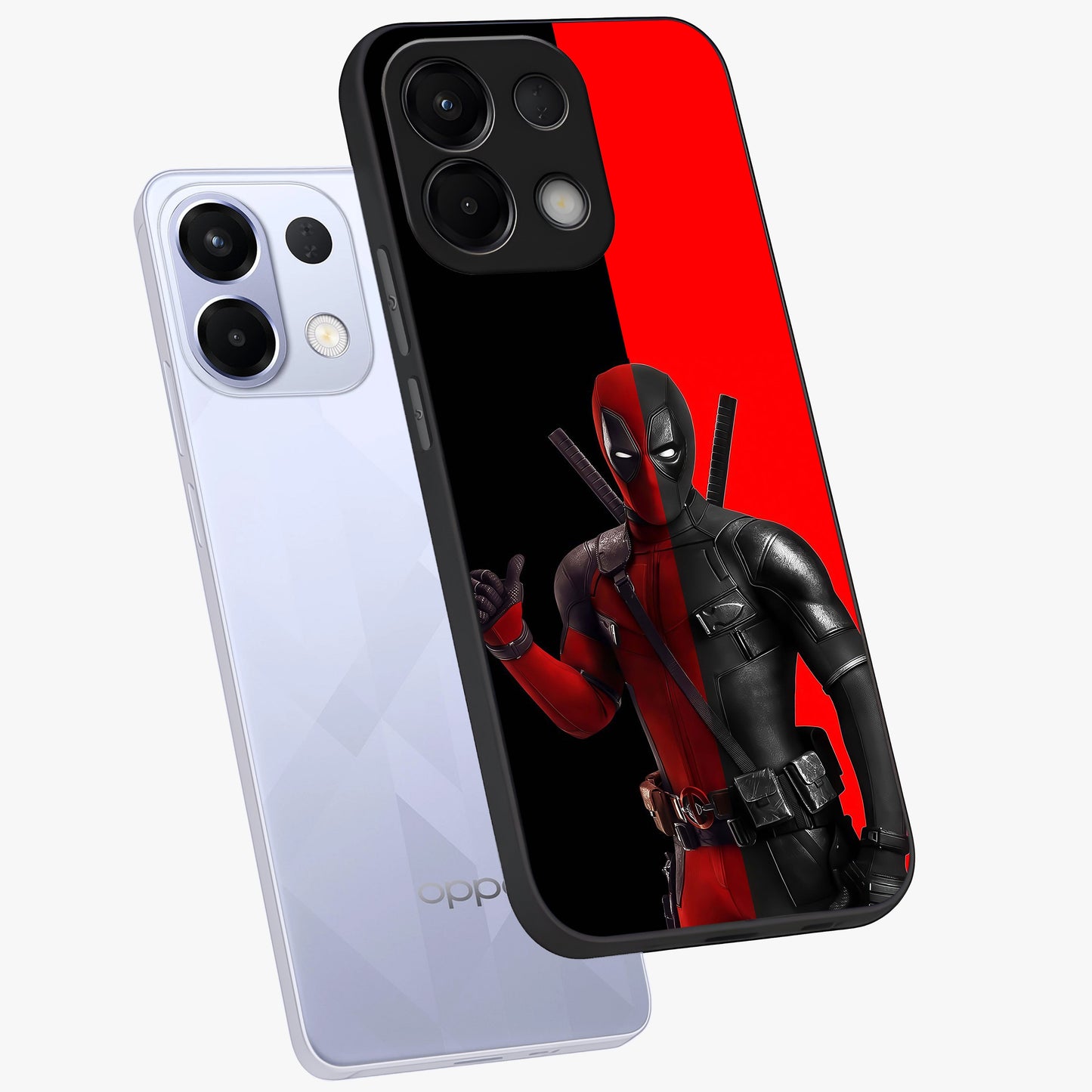 Red & Black Deadpool Theme Glass Case displayed in angled mockup highlighting vibrant superhero style illustration with action aesthetic.