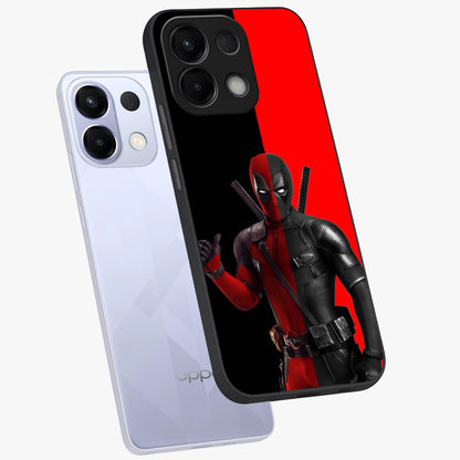 Red & Black Deadpool Theme Glass Case displayed in angled mockup highlighting vibrant superhero style illustration with action aesthetic.