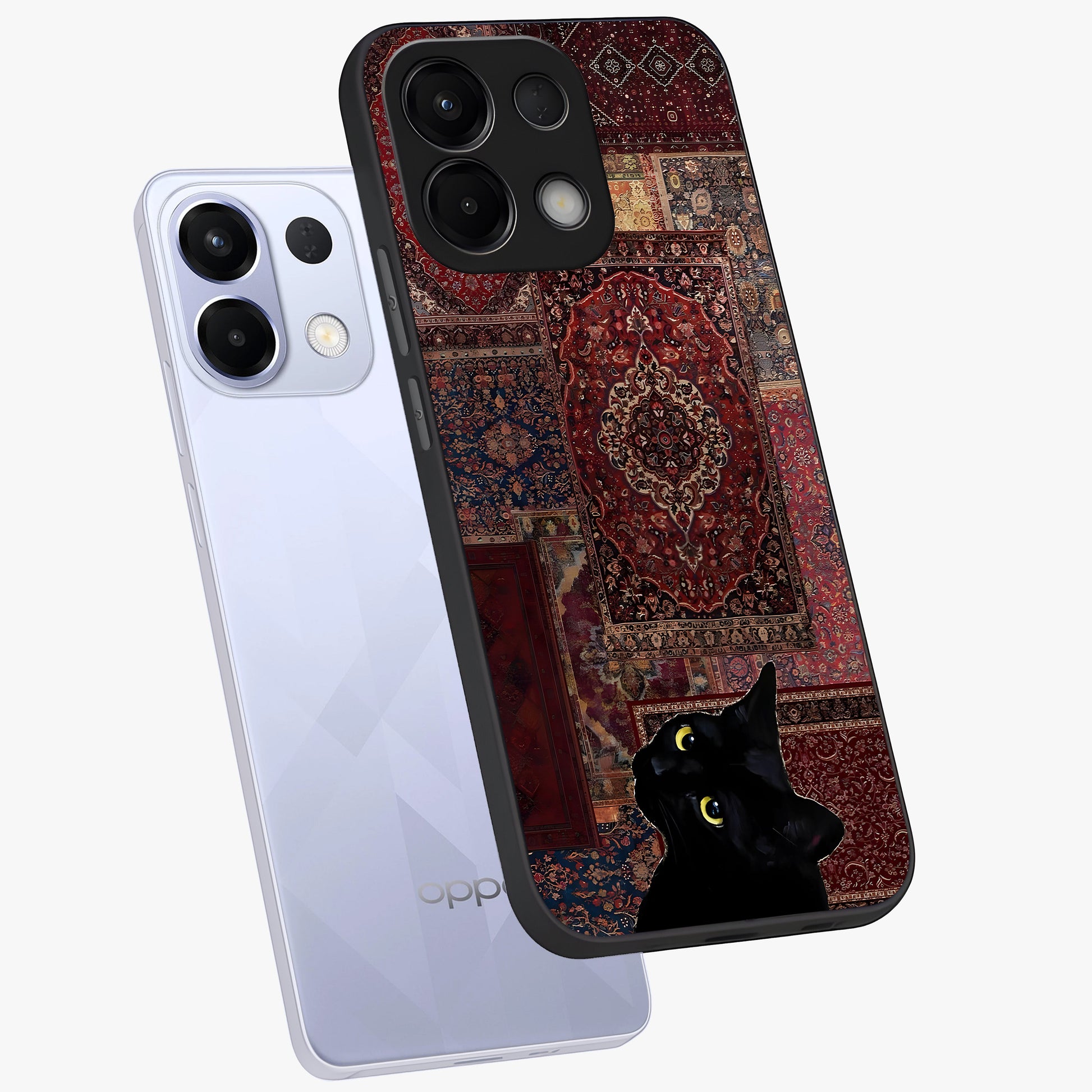 Regal Magic Cat Apple Glass Case displayed in angled mockup highlighting whimsical feline design with fantasy aesthetic.