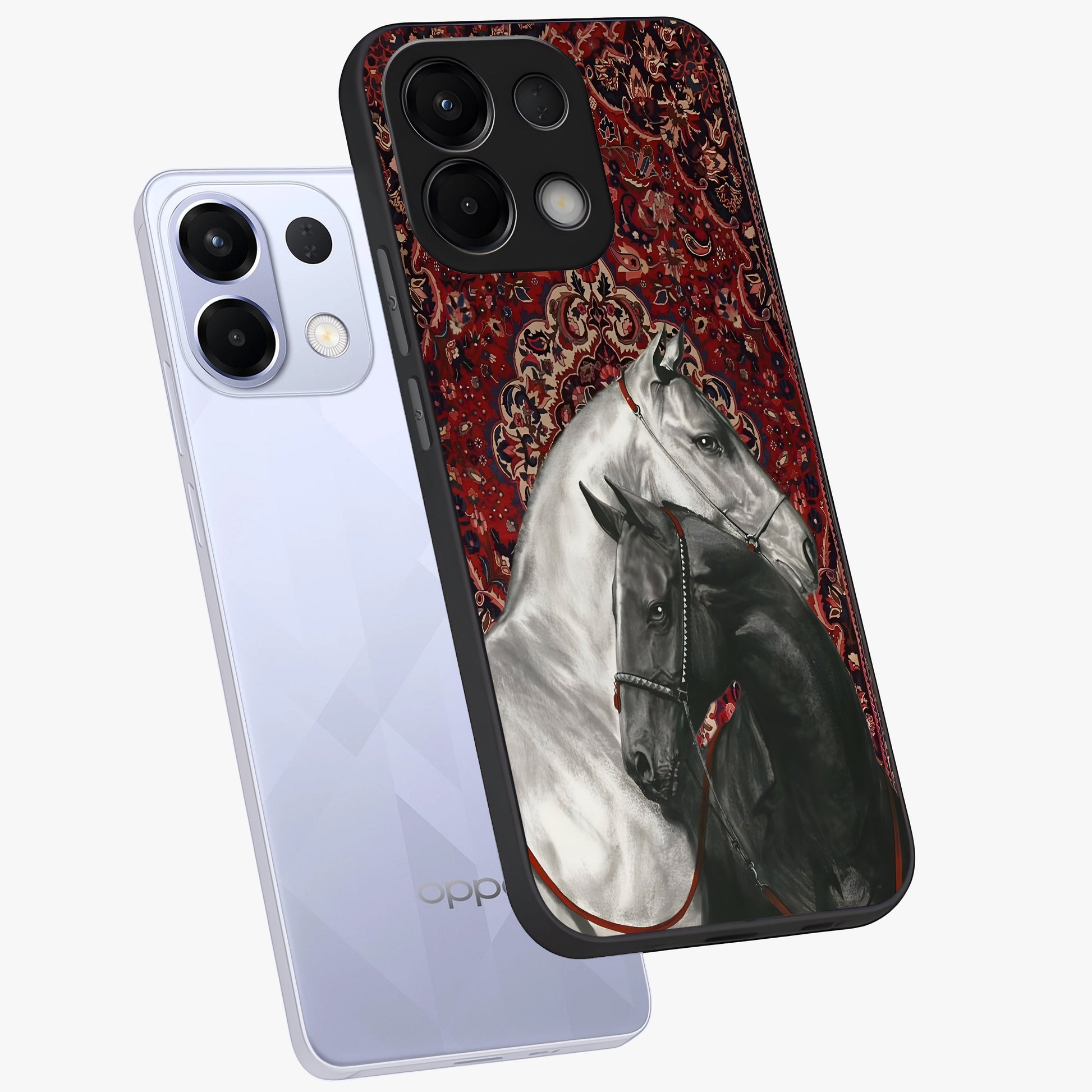 Regal Stallion Tapestry Glass Case displayed in angled mockup highlighting royal stallion design with decorative heritage aesthetic.