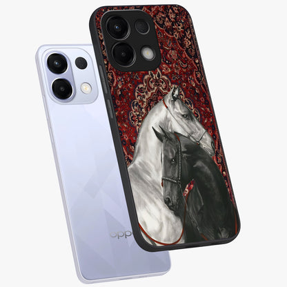 Regal Stallion Tapestry Glass Case displayed in angled mockup highlighting royal stallion design with decorative heritage aesthetic.