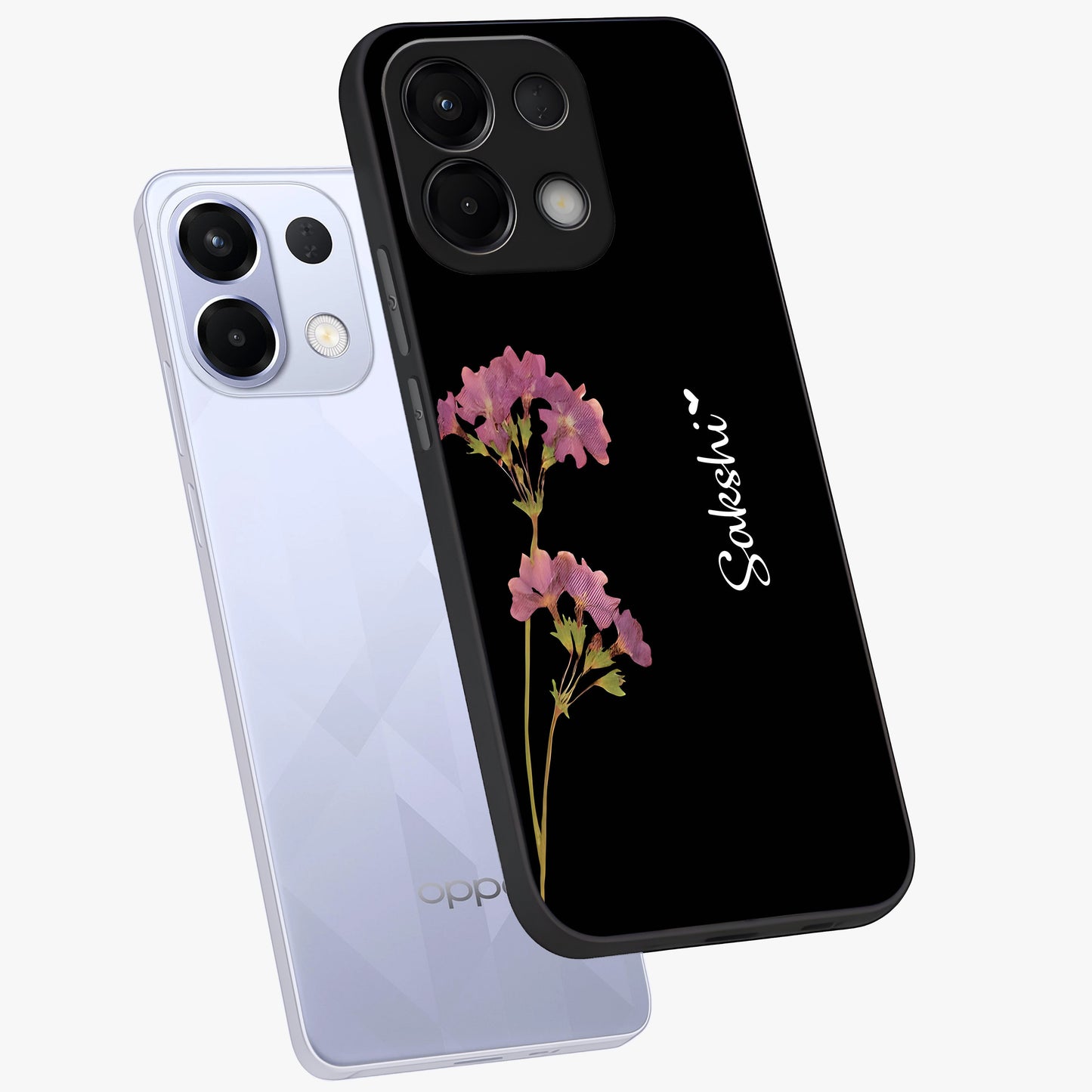 Riching Lavender Flower Custom Name Glass Case displayed in angled mockup highlighting delicate lavender flower design with custom name feature.