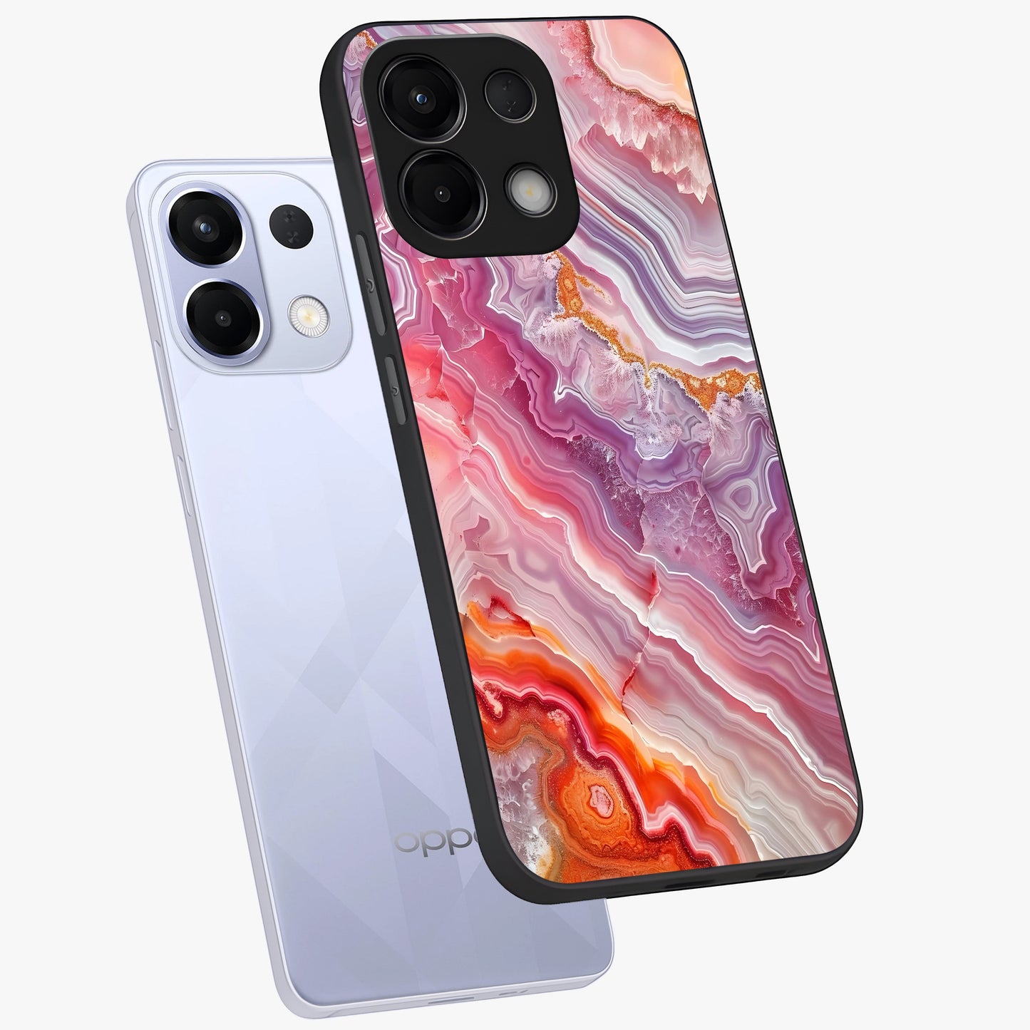 Rose Quartz Marble Glass Case displayed in angled mockup highlighting elegant marble pattern with soft aesthetic style.