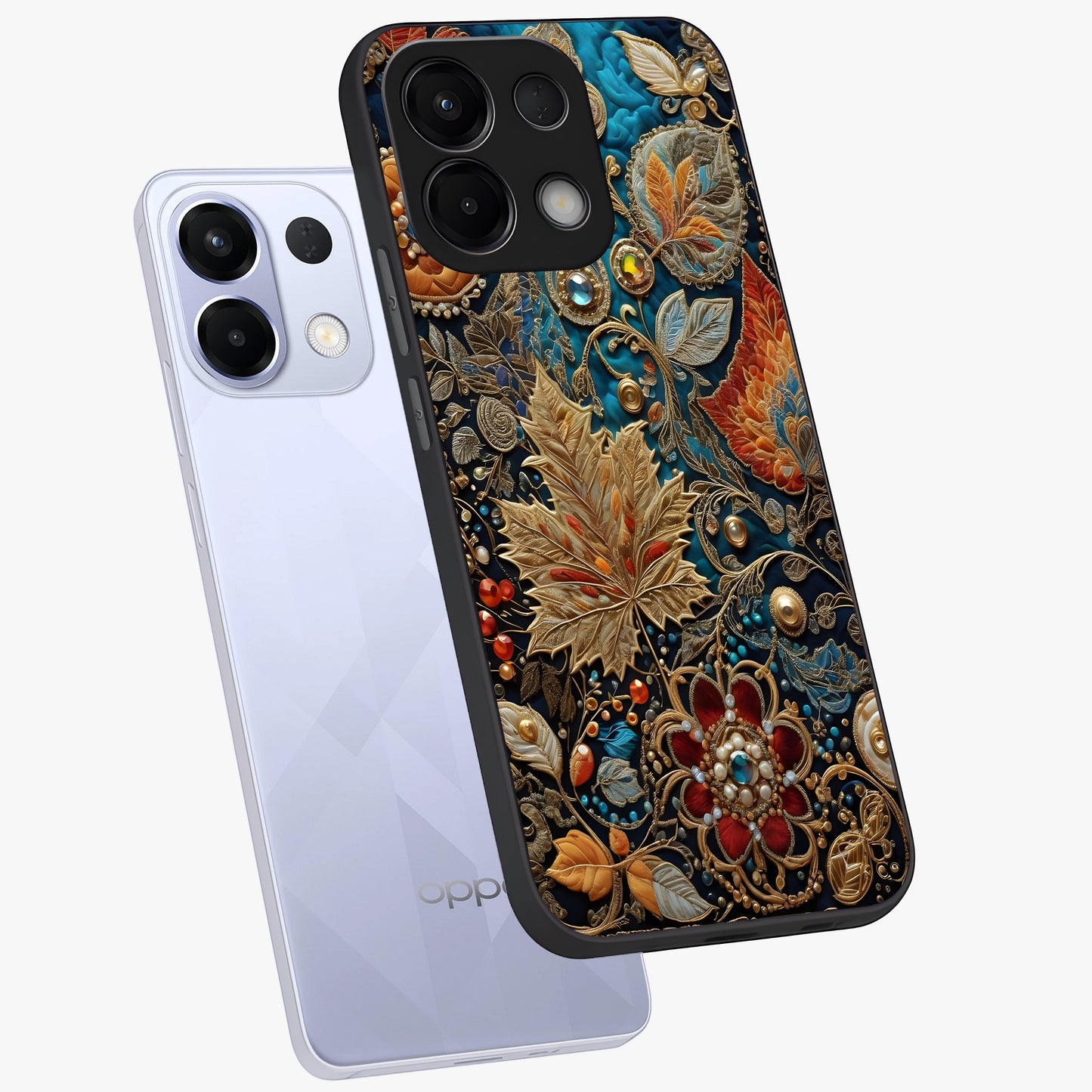 Royal Jewel Garden Glass Case displayed in angled mockup highlighting vibrant jewel inspired floral design with elegant aesthetic.