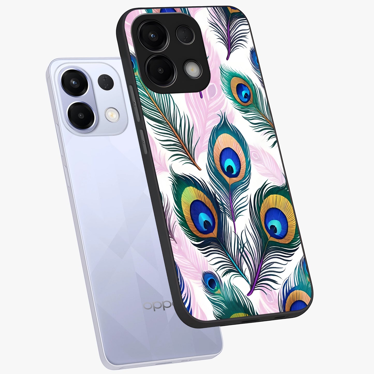 Royal Peacock Feathers Glass Case displayed in angled mockup highlighting vibrant feather pattern with regal aesthetic style.