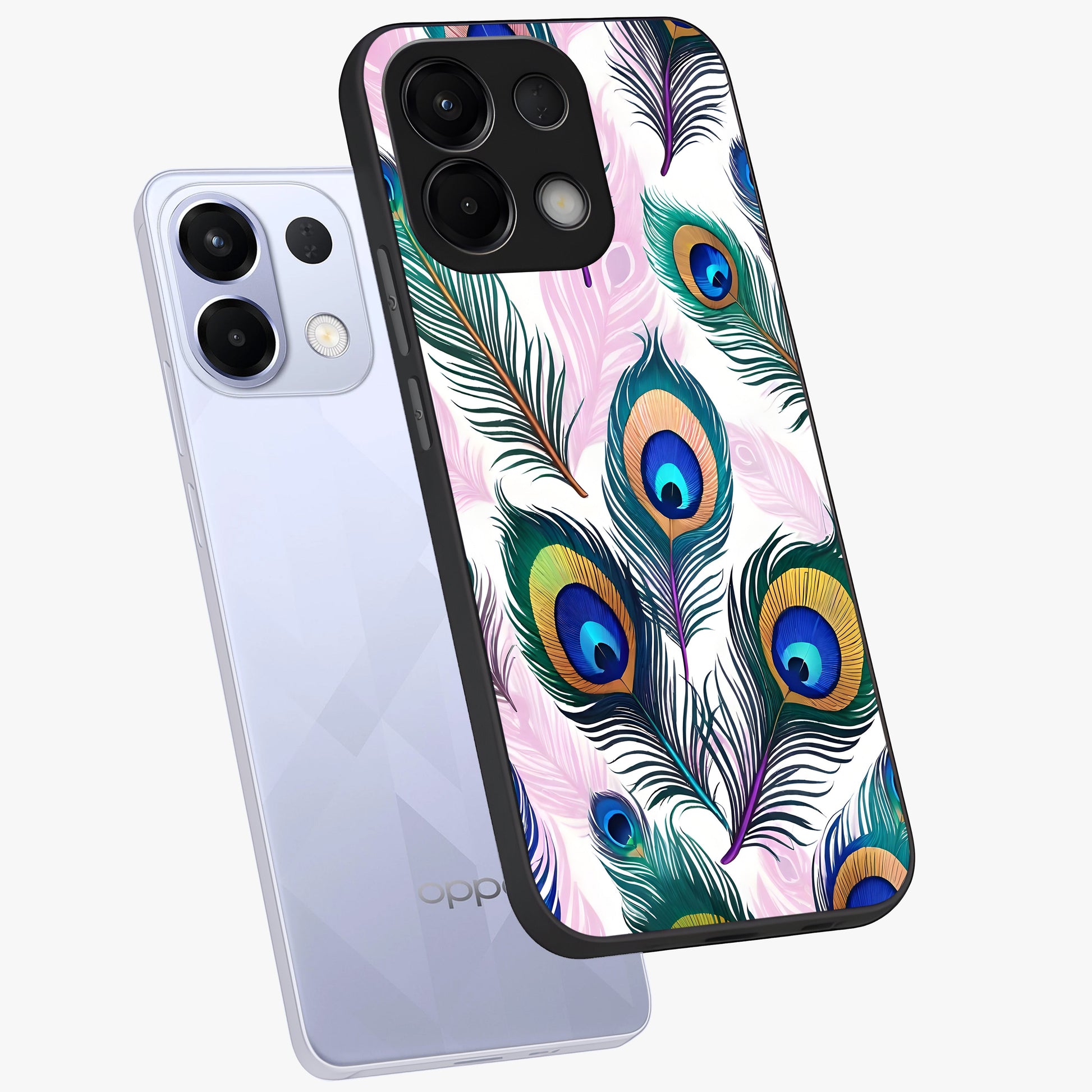 Royal Peacock Feathers Glass Case displayed in angled mockup highlighting vibrant feather pattern with regal aesthetic style.