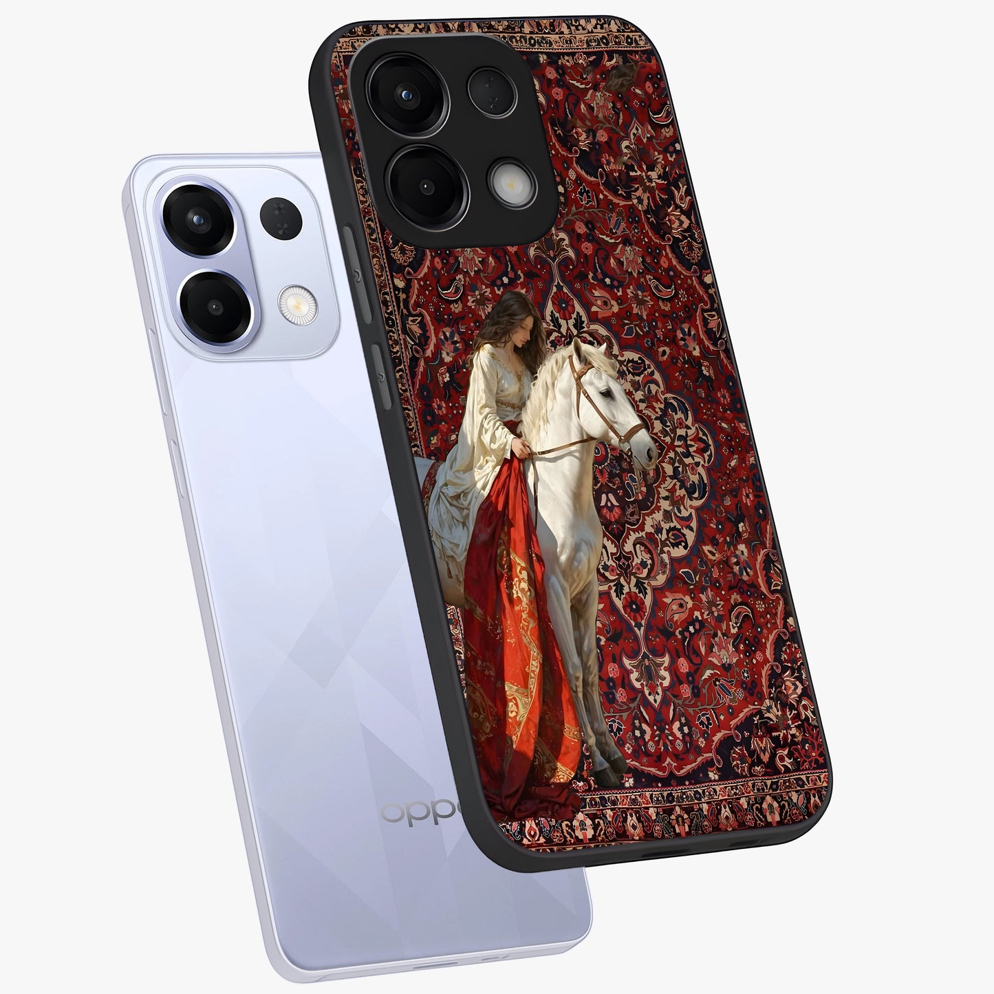 Royal Rider Tapestry Glass Case displayed in angled mockup highlighting traditional tapestry design with royal heritage aesthetic.