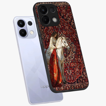 Royal Rider Tapestry Glass Case displayed in angled mockup highlighting traditional tapestry design with royal heritage aesthetic.