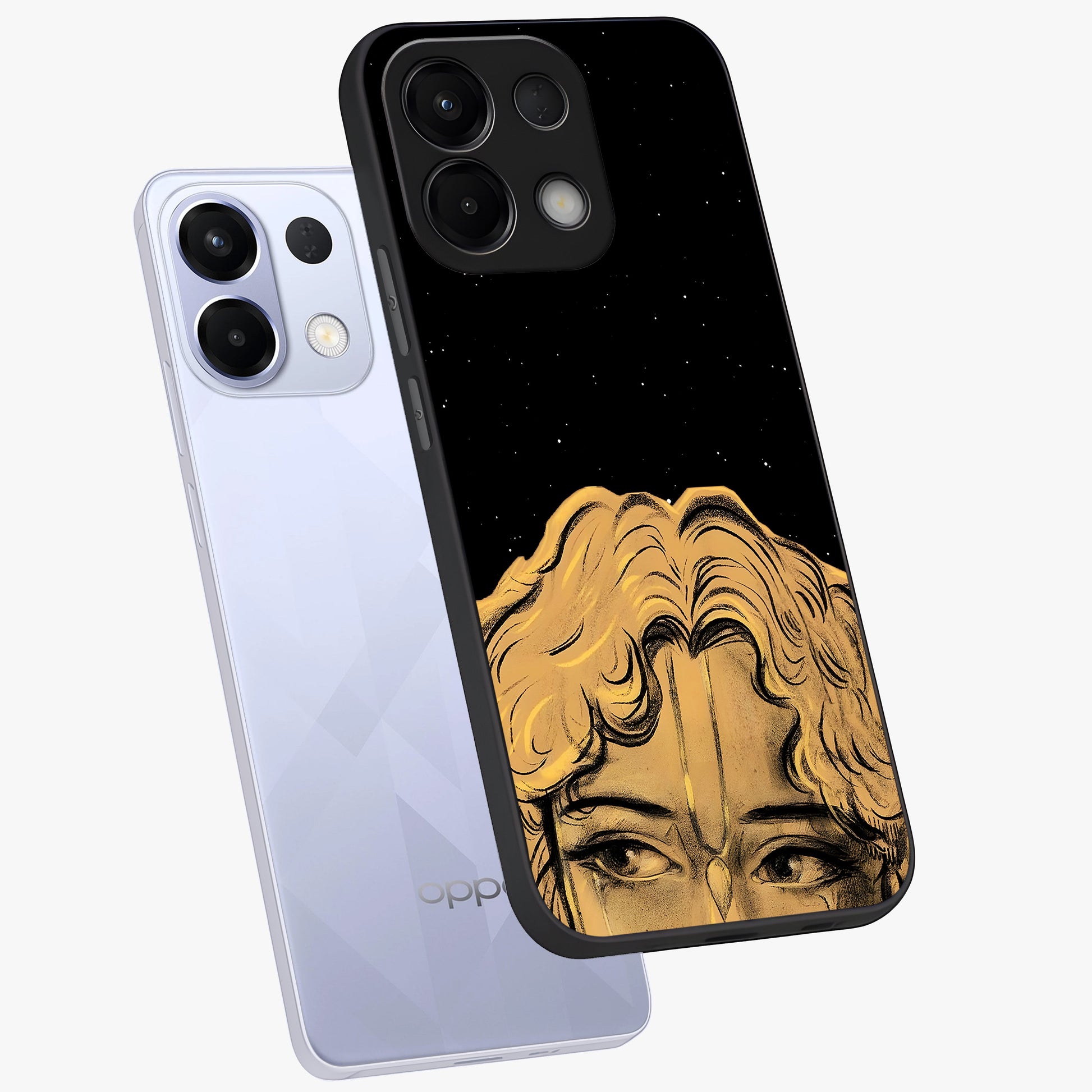 Shri Krishna Art Glass Case displayed in angled mockup highlighting spiritual Krishna illustration with divine aesthetic.