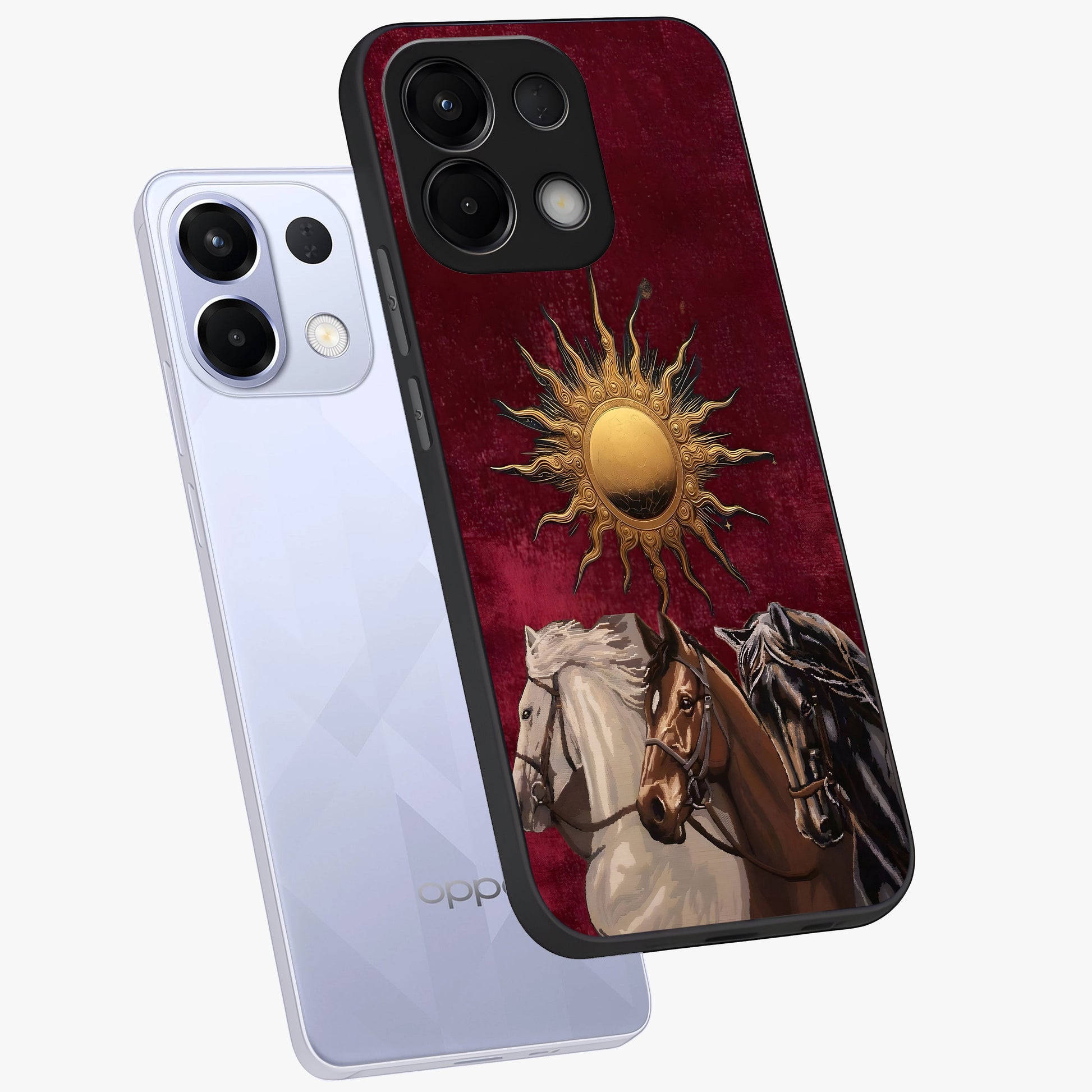 Solar Riders Glass Case displayed in angled mockup highlighting powerful rider illustration with radiant solar aesthetic.