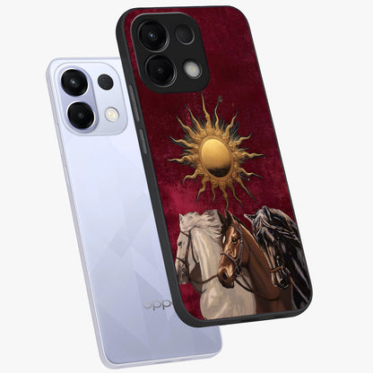Solar Riders Glass Case displayed in angled mockup highlighting powerful rider illustration with radiant solar aesthetic.
