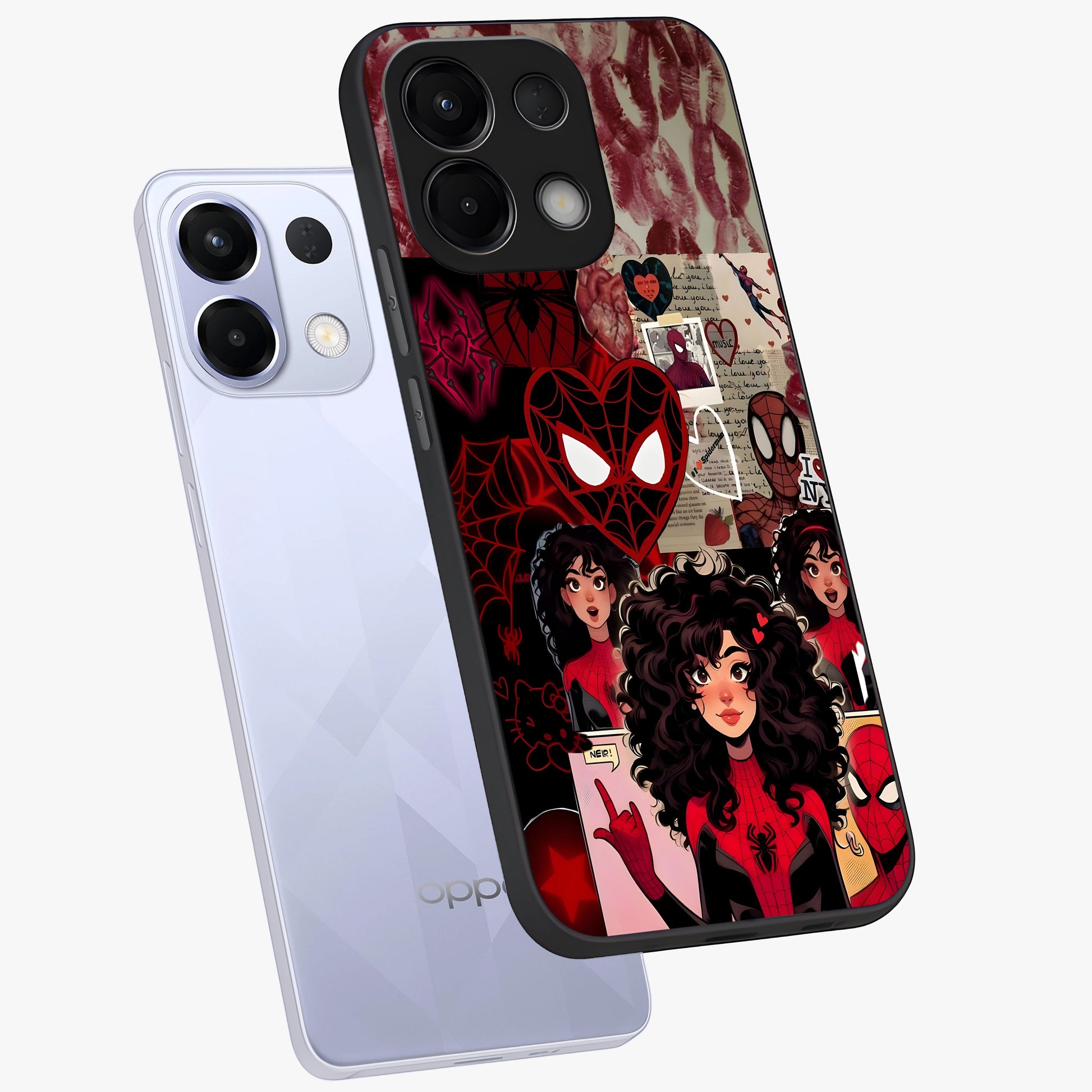Spider Love Story Glass Case displayed in angled mockup highlighting expressive comic inspired design with playful aesthetic.