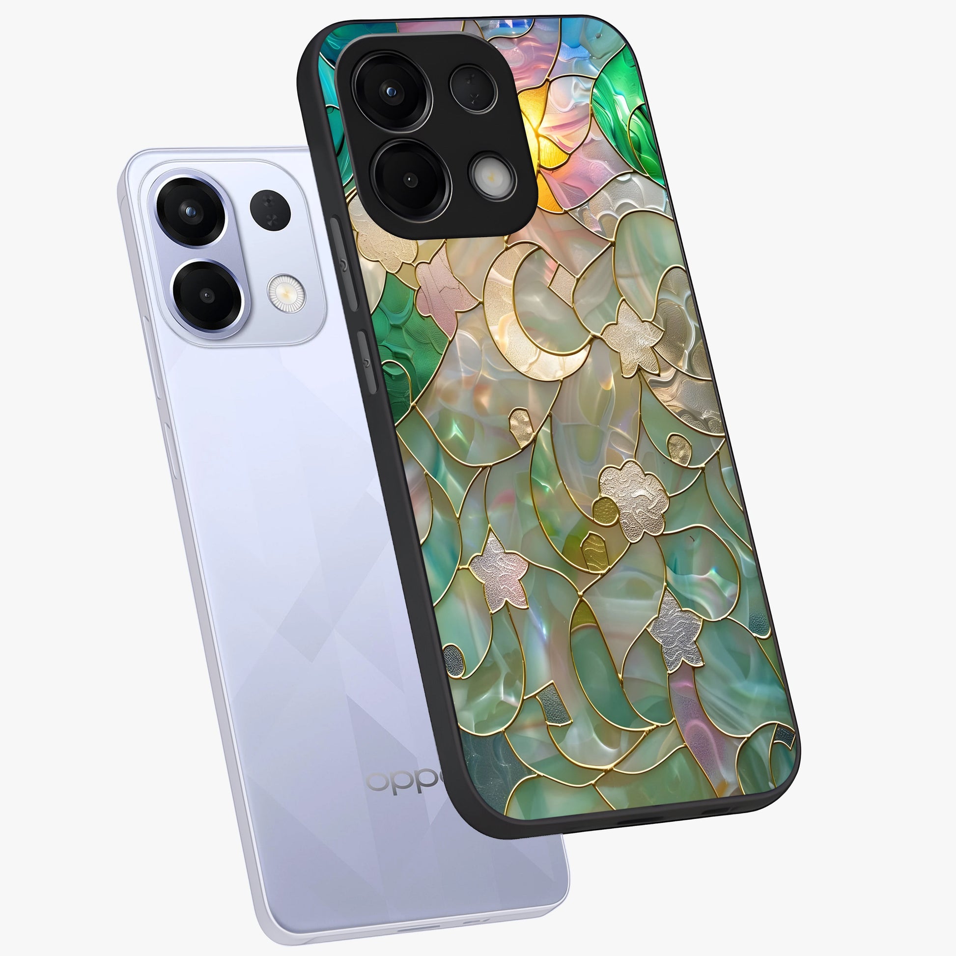 Stained Sunrise Glow Glass Case displayed in angled mockup highlighting radiant sunrise design with artistic aesthetic style.