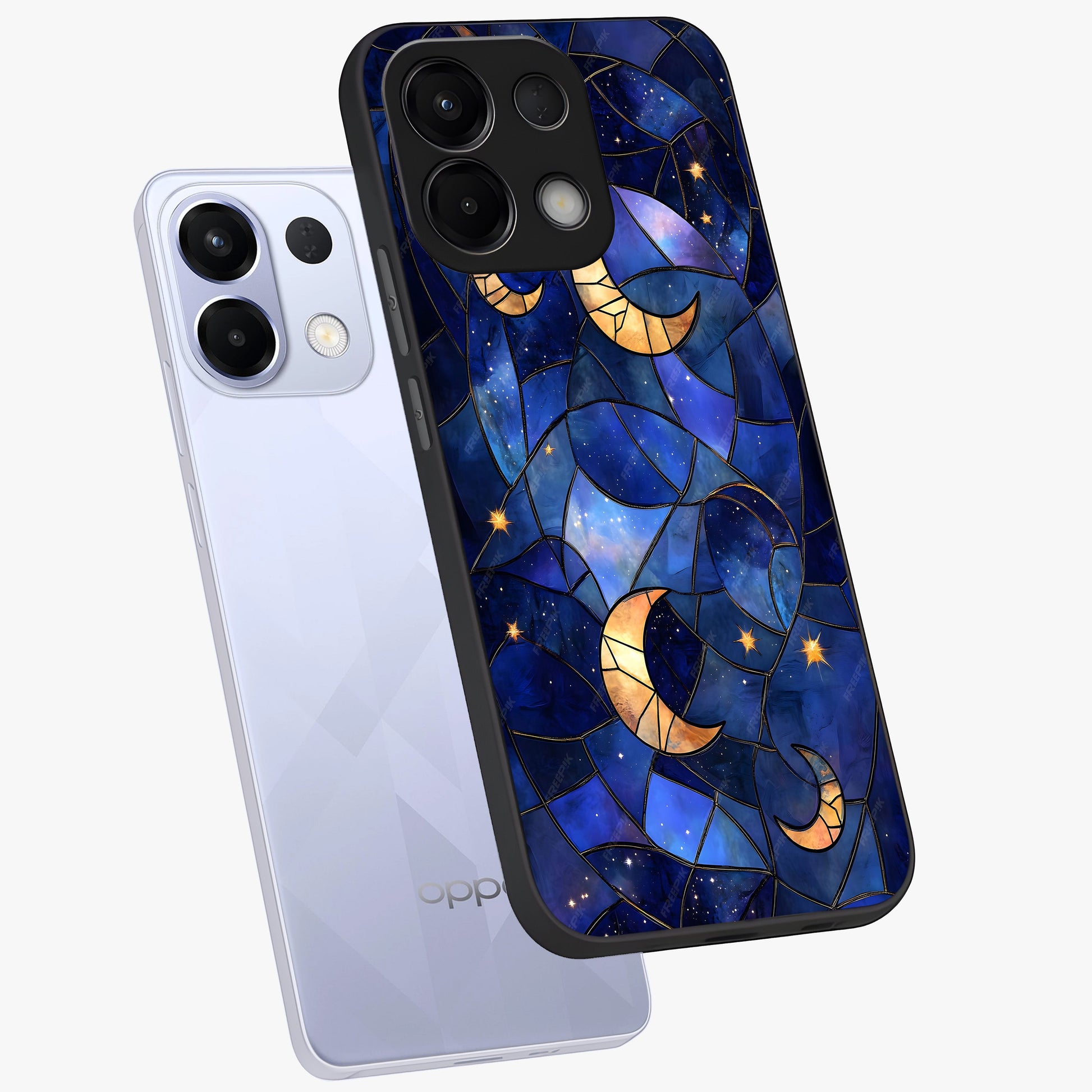 Starlit Sky Tapestry Glass Case displayed in angled mockup highlighting celestial night pattern with artistic aesthetic style.