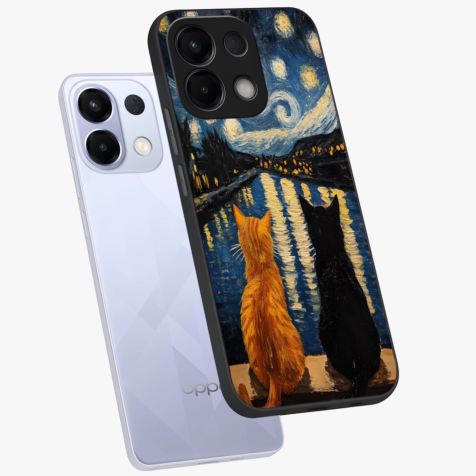 Starry River Cats Glass Case displayed in angled mockup highlighting charming feline illustration with dreamy night aesthetic.