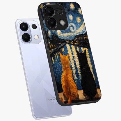 Starry River Cats Glass Case displayed in angled mockup highlighting charming feline illustration with dreamy night aesthetic.