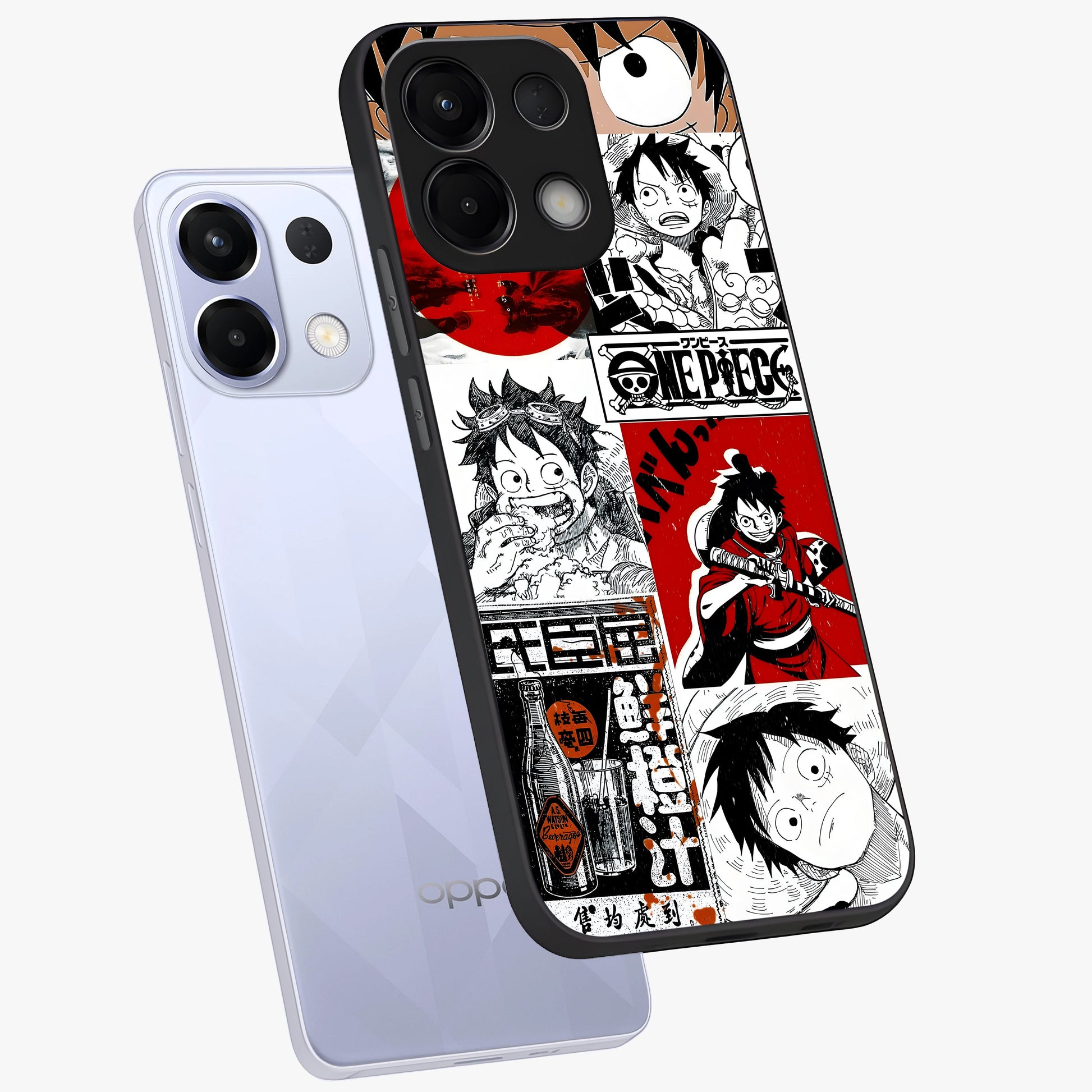 Strawhat Chaos Panels Glass Case displayed in angled mockup highlighting vibrant anime collage design with action aesthetic.