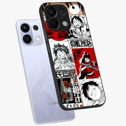 Strawhat Chaos Panels Glass Case displayed in angled mockup highlighting vibrant anime collage design with action aesthetic.