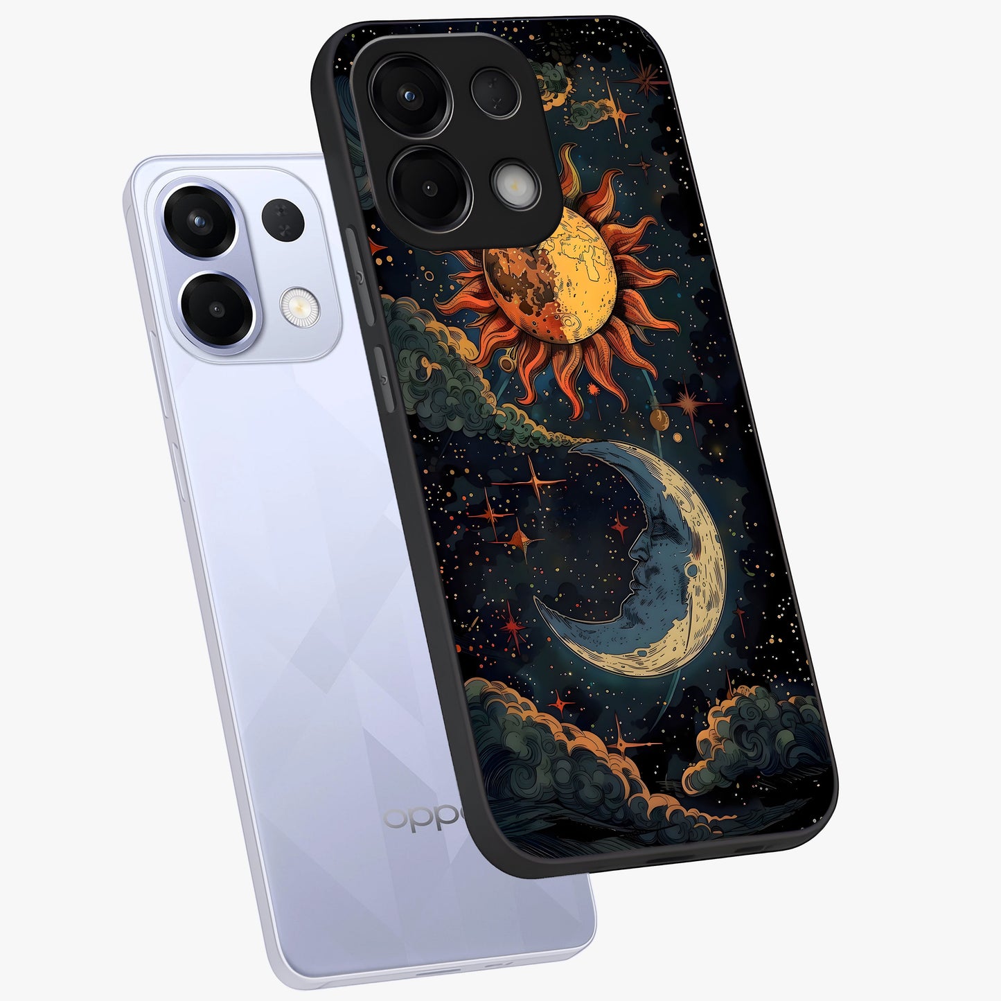 Sun And Moon Magic Design Glass Case displayed in angled mockup highlighting celestial design with magical cosmic aesthetic.