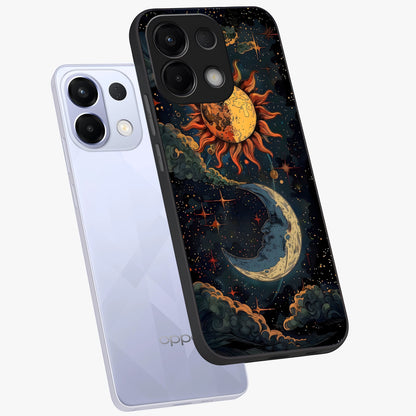 Sun And Moon Magic Design Glass Case displayed in angled mockup highlighting celestial design with magical cosmic aesthetic.