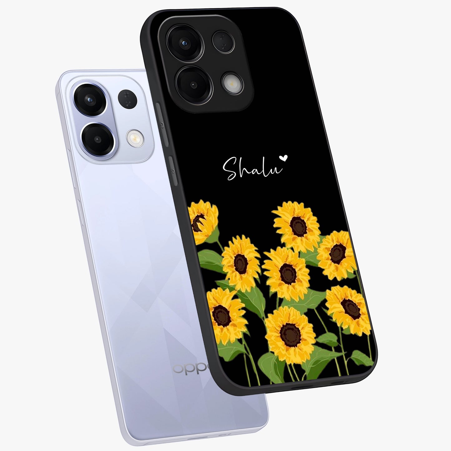 Sunflower Chic Mood Custom Name Glass Case displayed in angled mockup highlighting vibrant sunflower design with custom name feature.